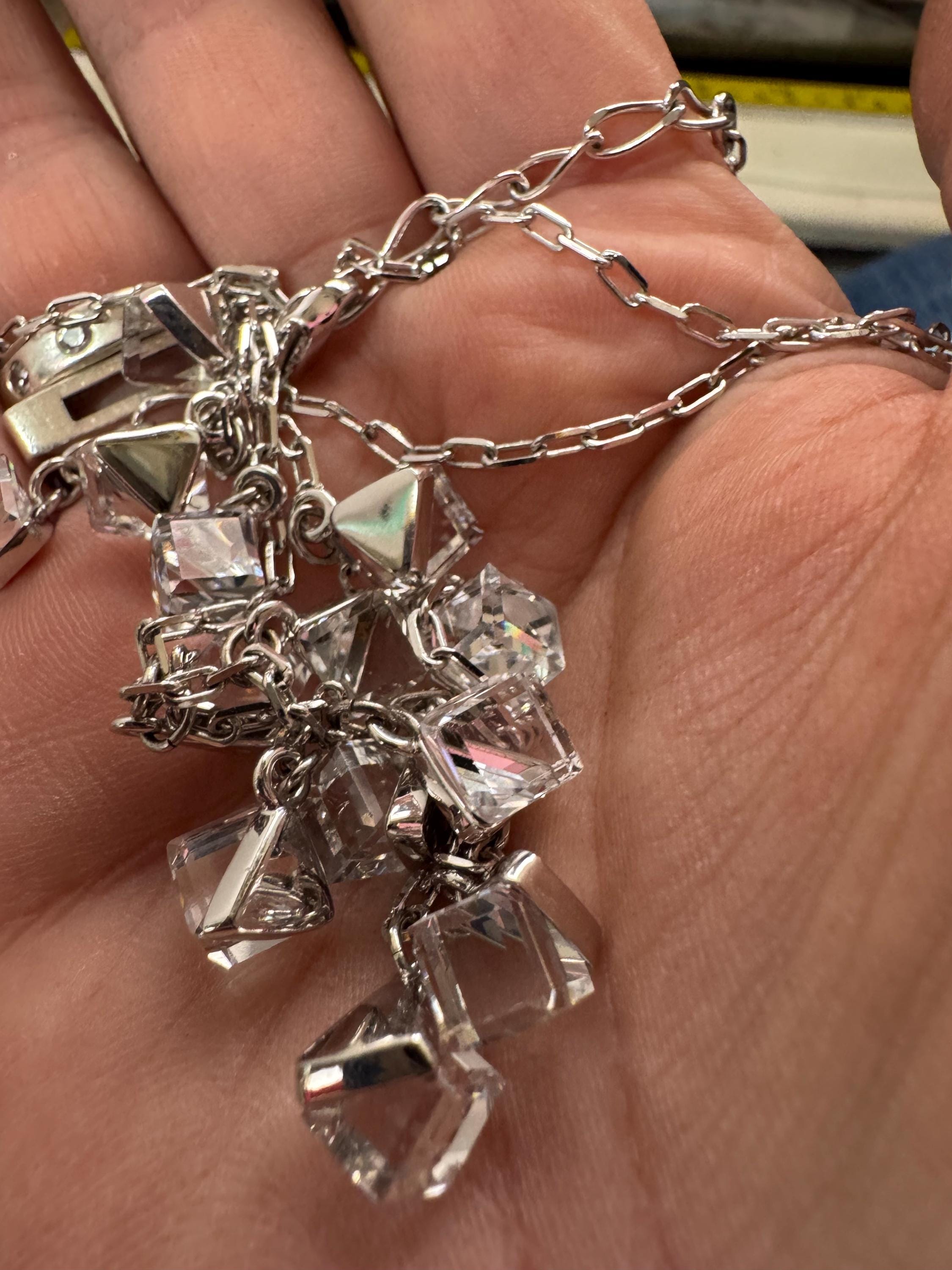 Signed swan Swarovski long rhodium plated crystal cube lariat drop necklace