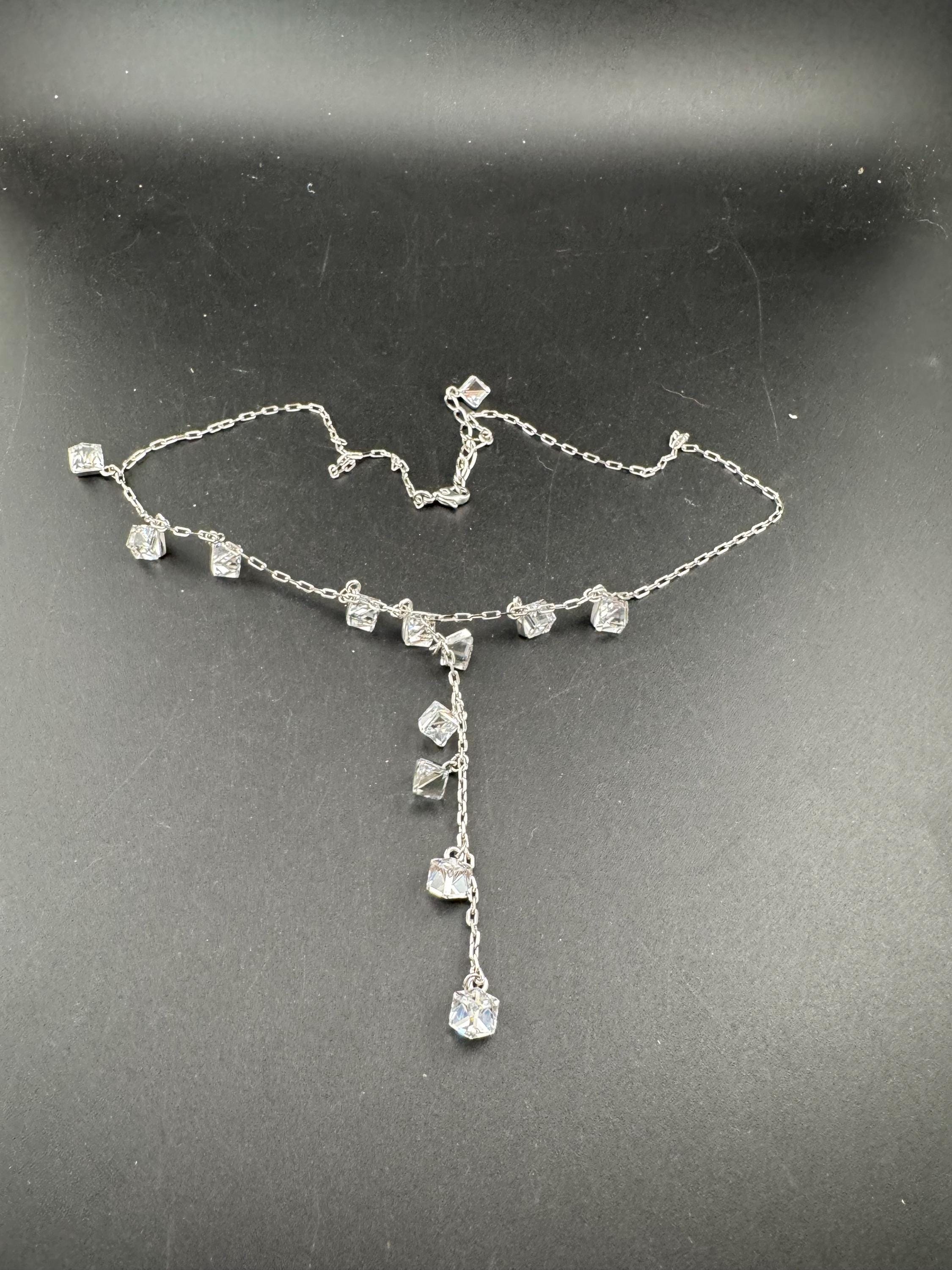 Signed swan Swarovski long rhodium plated crystal cube lariat drop necklace