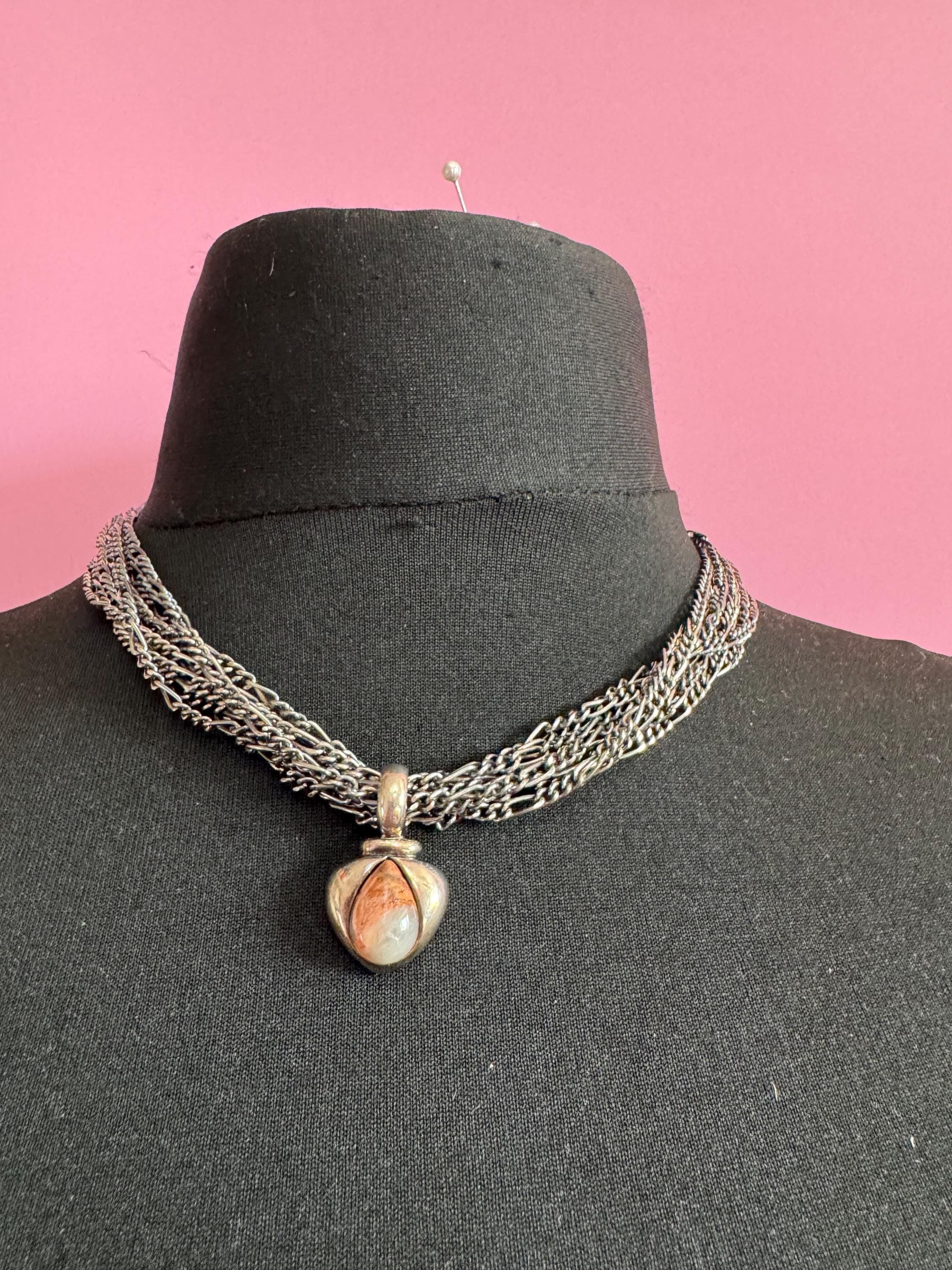 Signed David Grau silver Multistrand figaro choker necklace with gemstone pendant