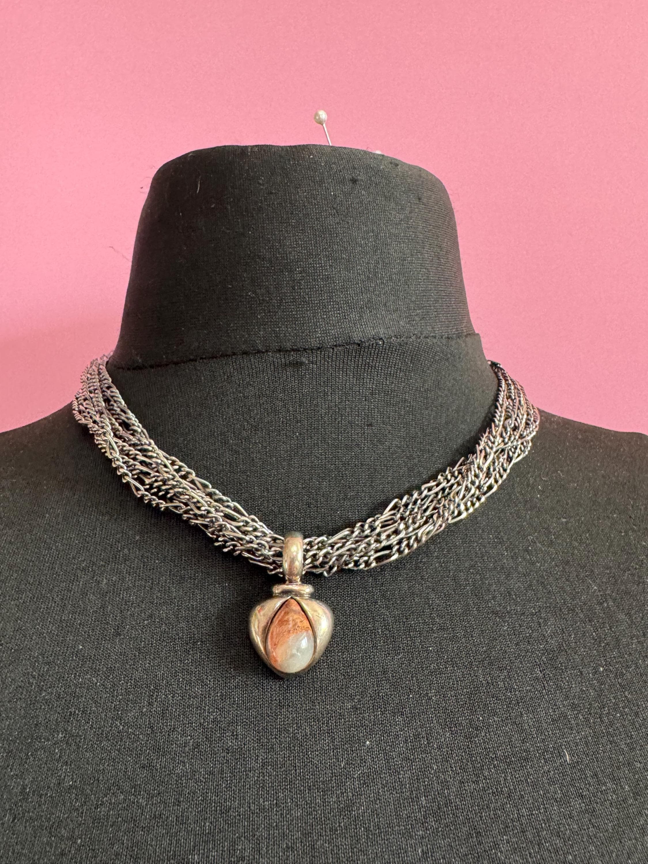 Signed David Grau silver Multistrand figaro choker necklace with gemstone pendant