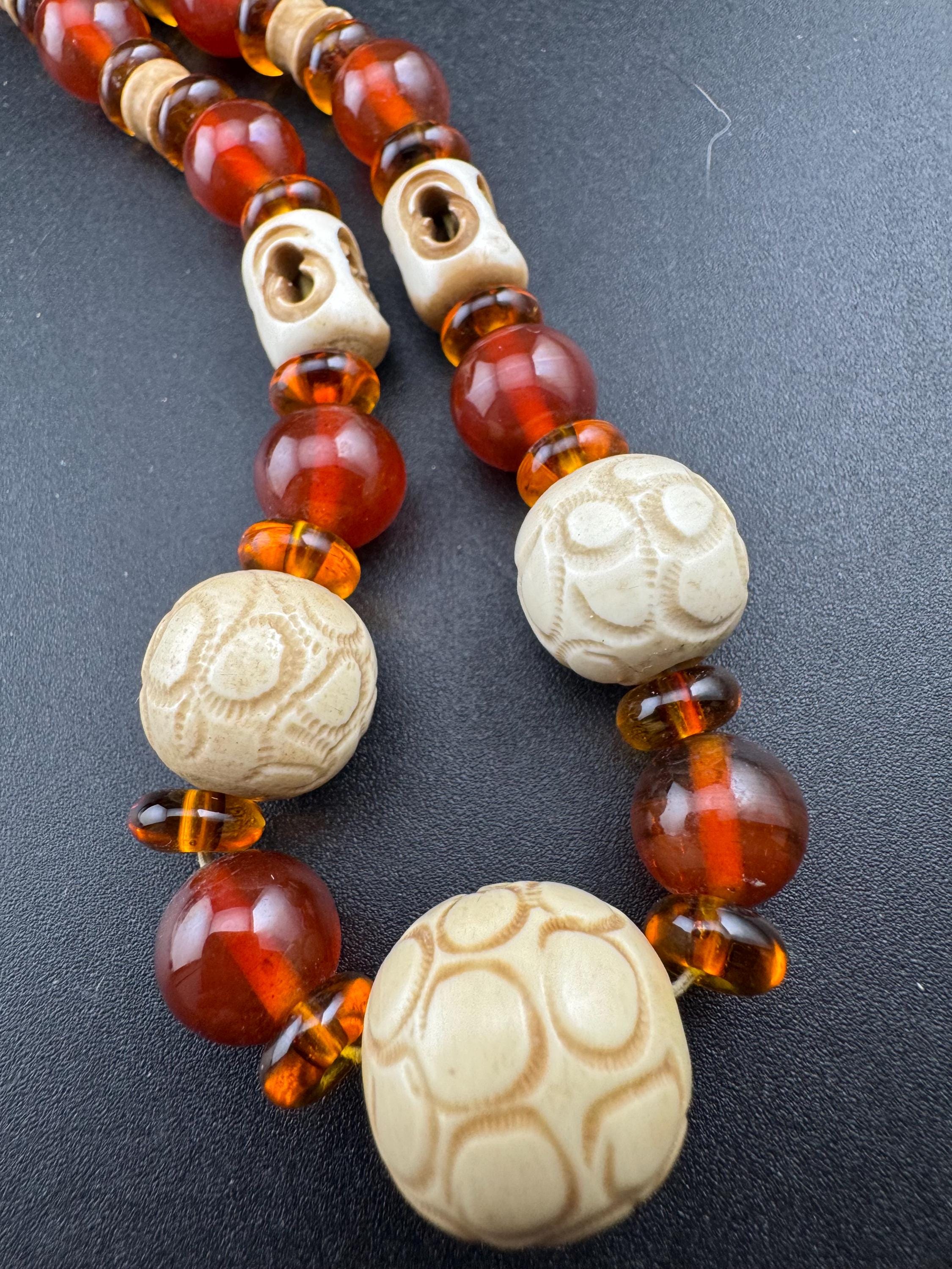 antique Louis rousselet brown cream beaded collar necklace , uv reactive