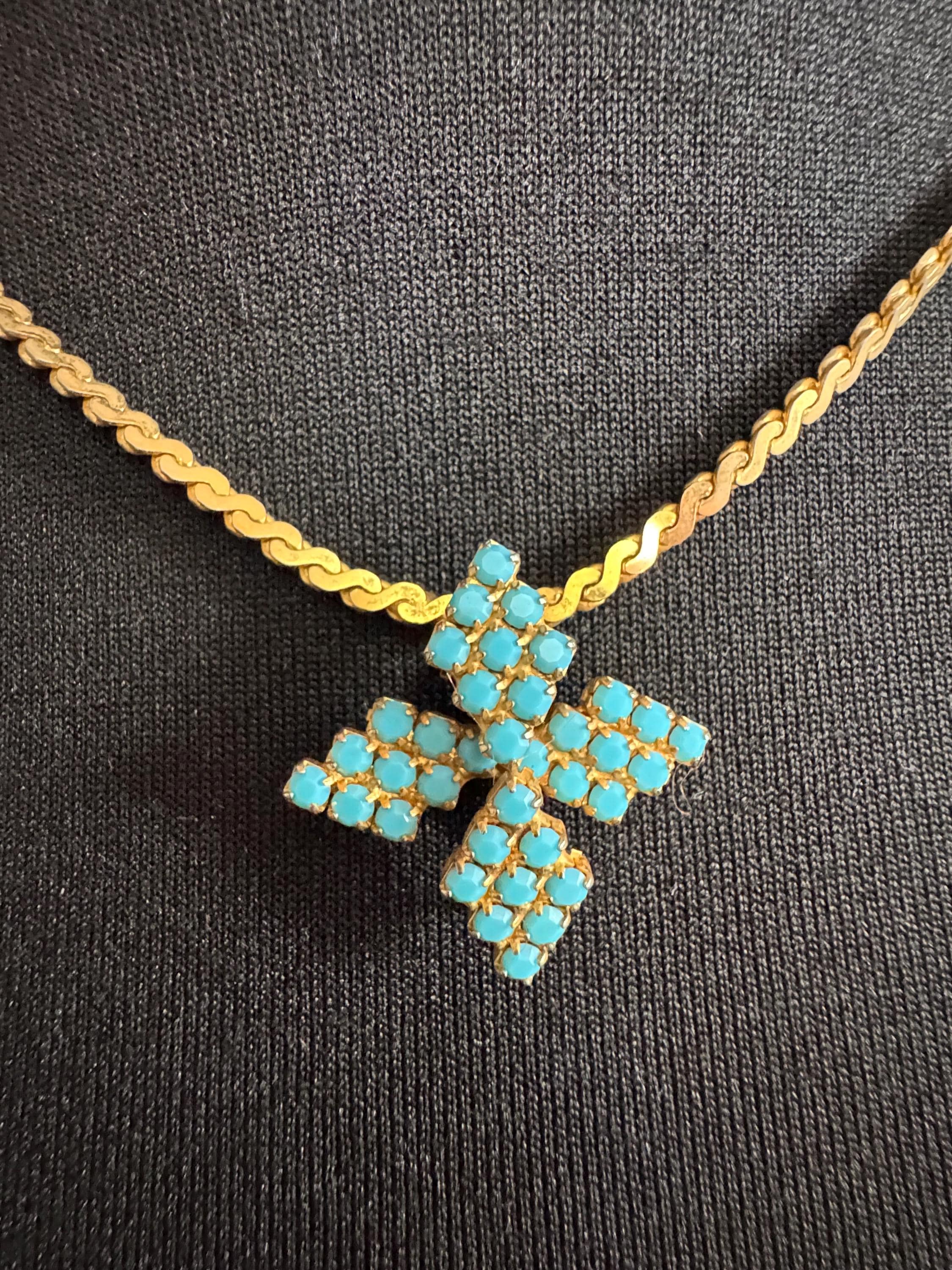 Vintage 1960s Serpentine Lariat Necklace, Gold Tone & Turquoise Cabochon