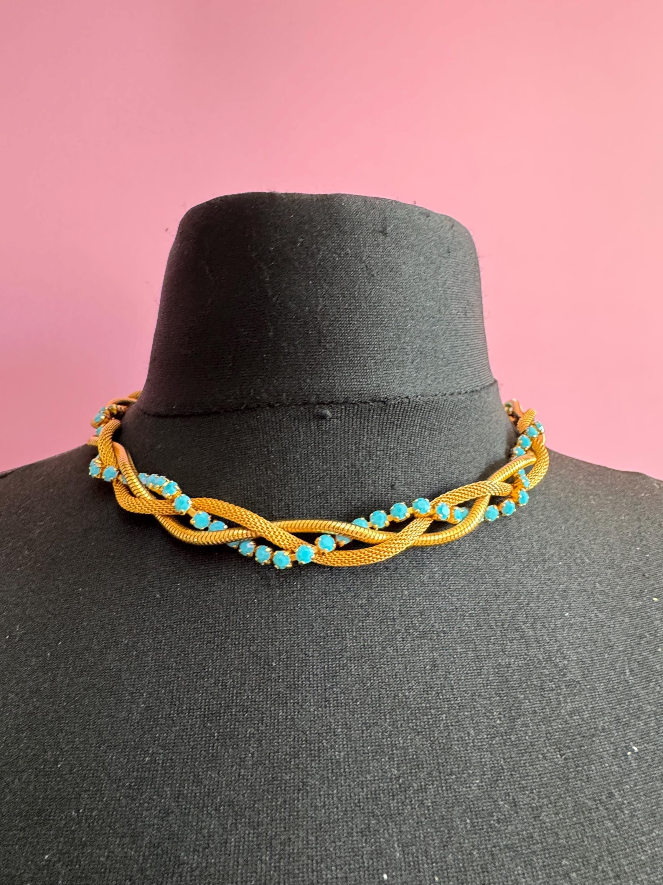 Vintage 1960s gold mesh twisted choker necklace with turquoise glass  stones,