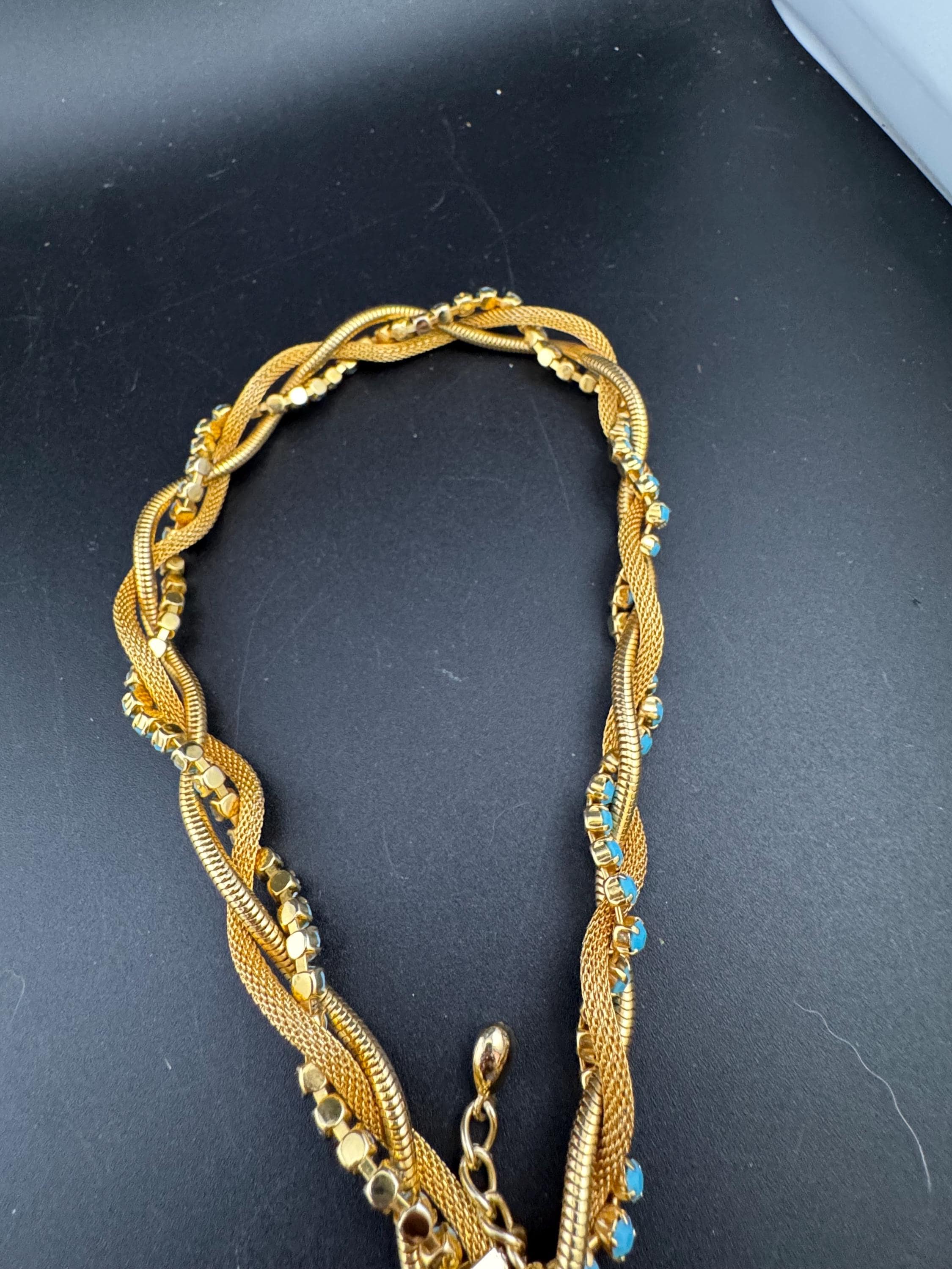 Vintage 1960s gold mesh twisted choker necklace with turquoise glass  stones,