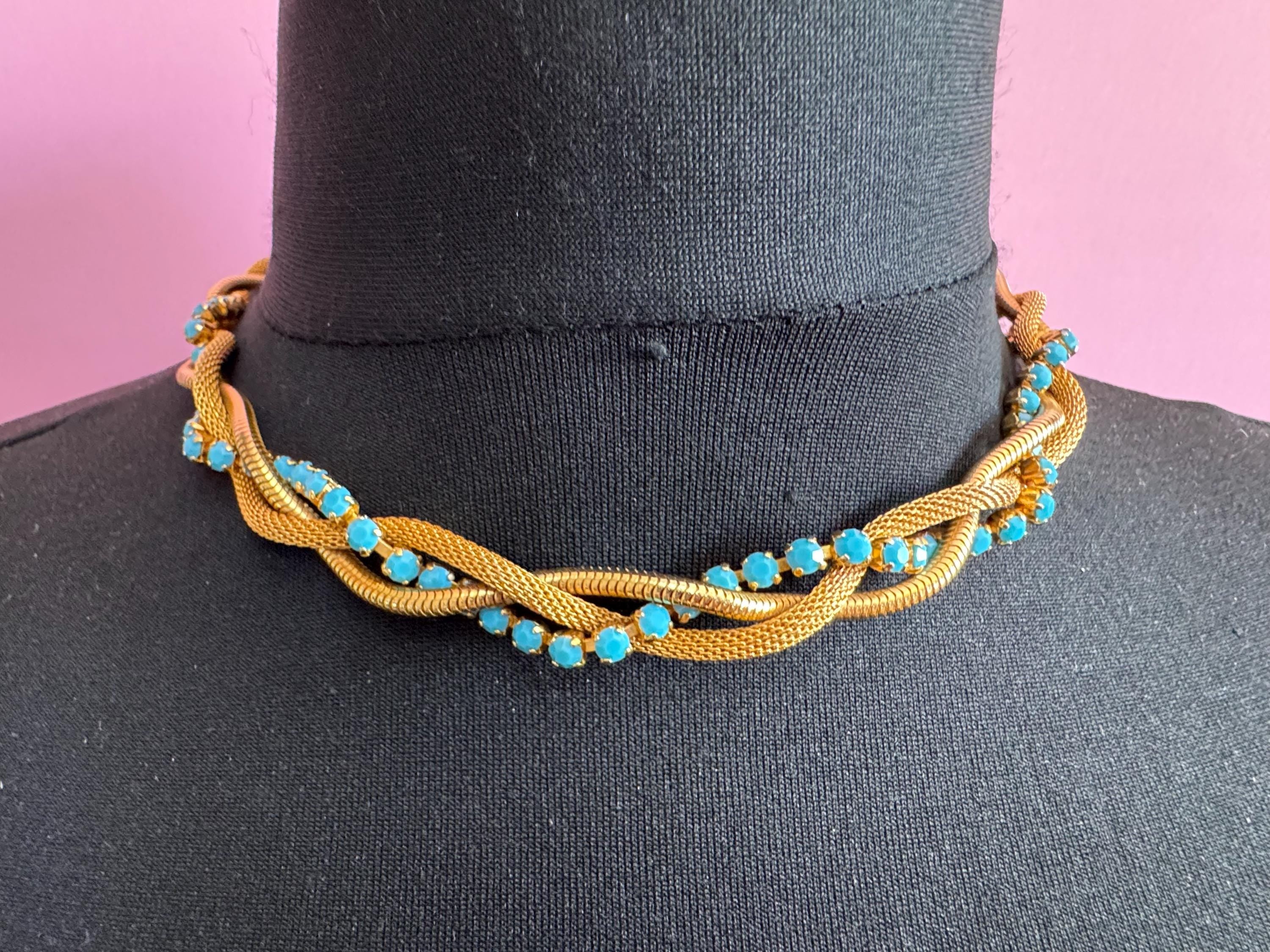 Vintage 1960s gold mesh twisted choker necklace with turquoise glass  stones,