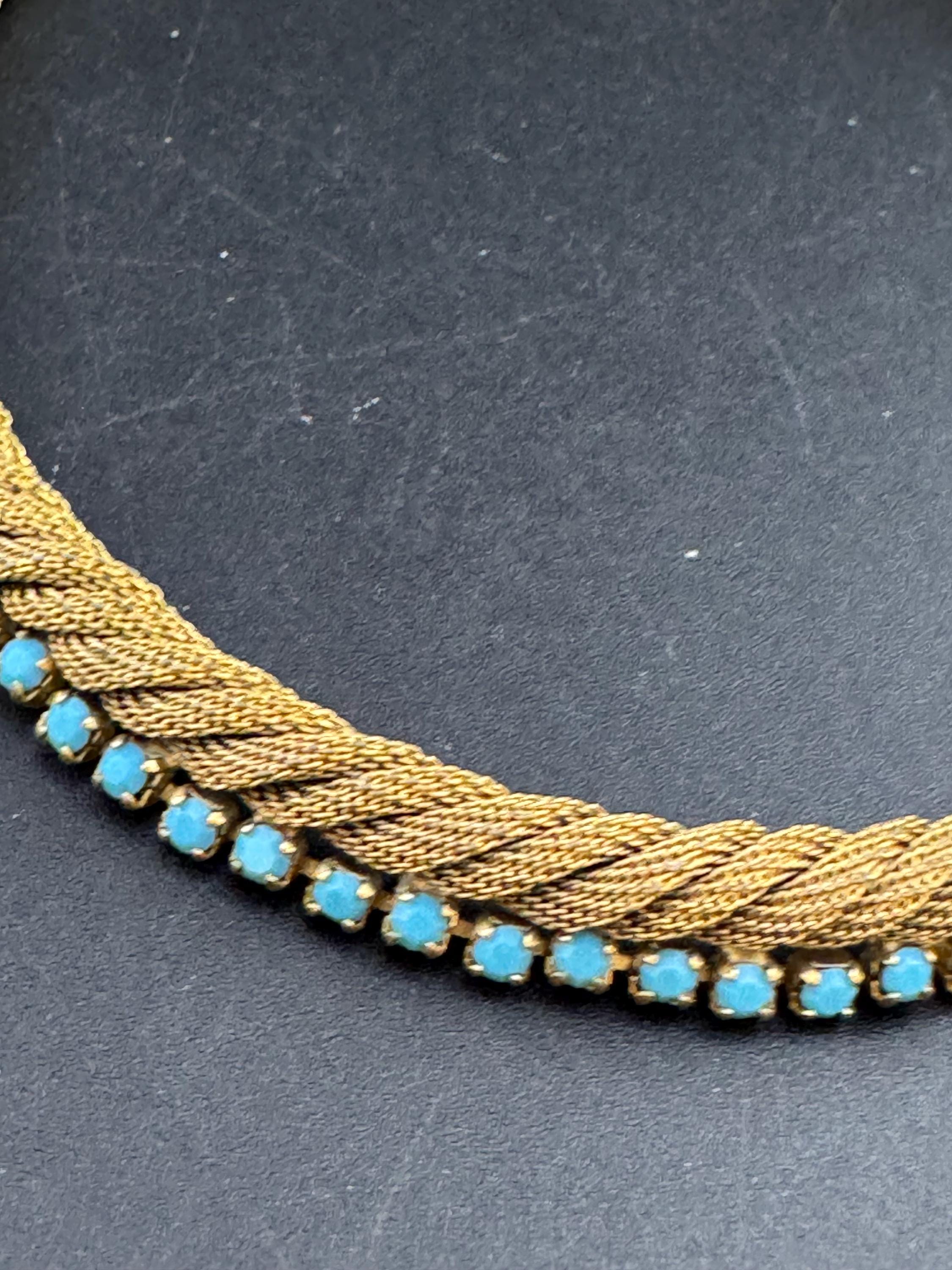 Vintage 1960s gold mesh twisted choker necklace with turquoise stones