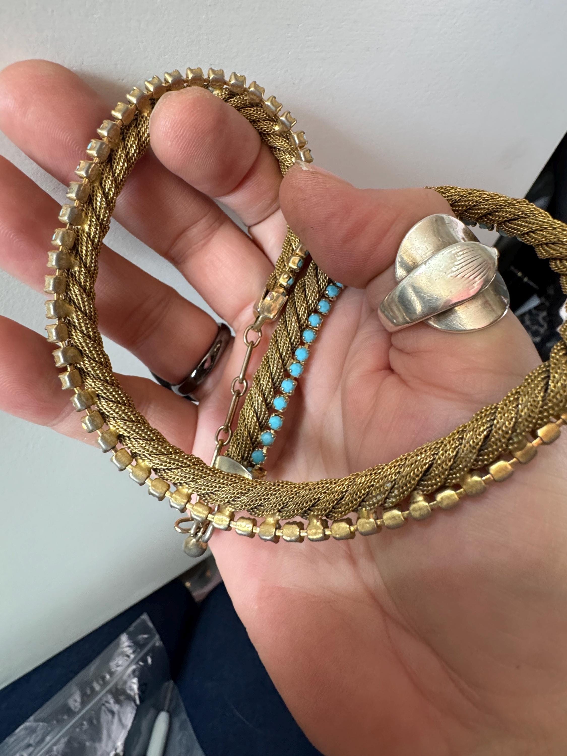 Vintage 1960s gold mesh twisted choker necklace with turquoise stones