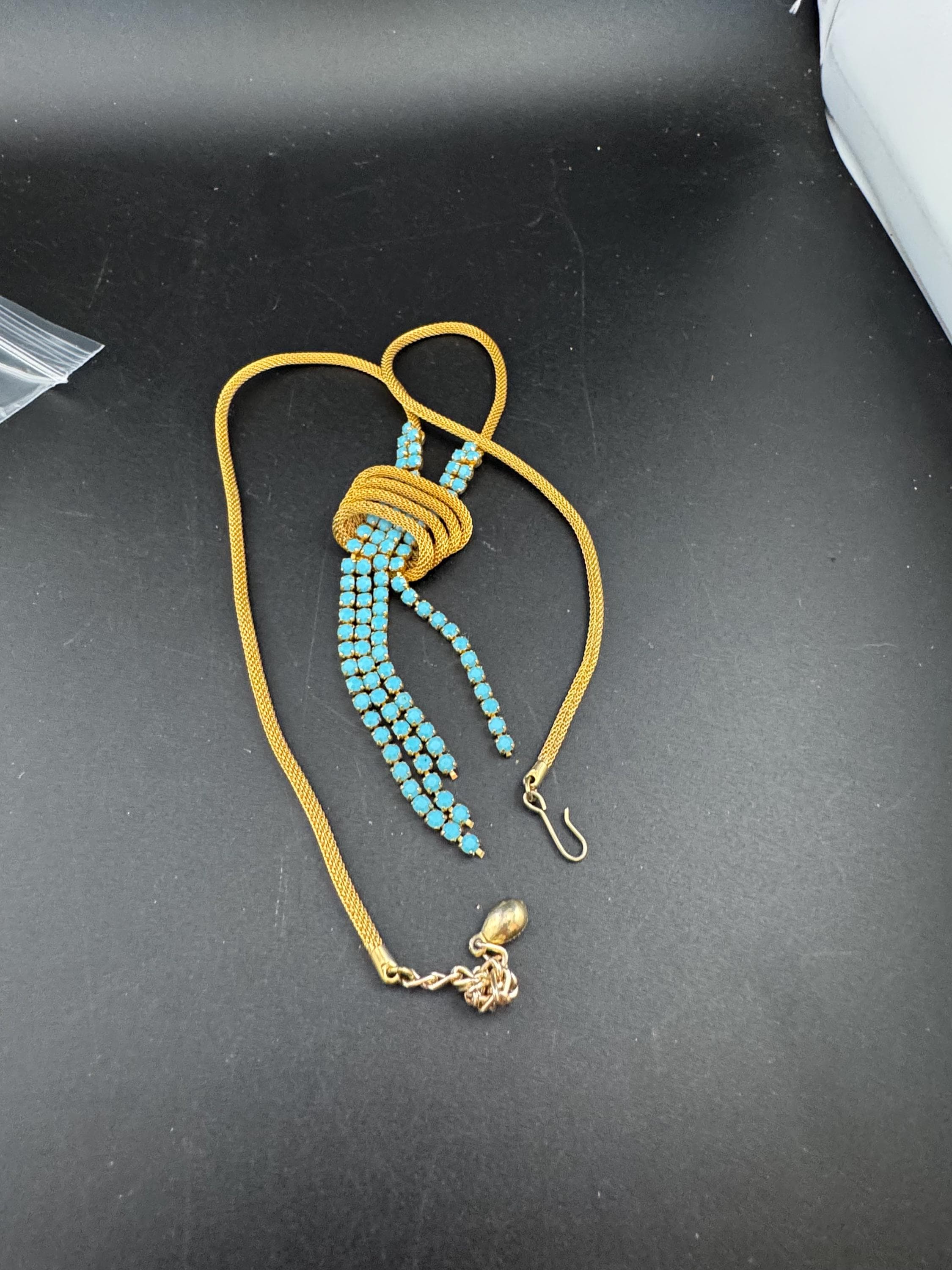 Vintage 1960s gold mesh lariat drop  necklace with turquoise stones