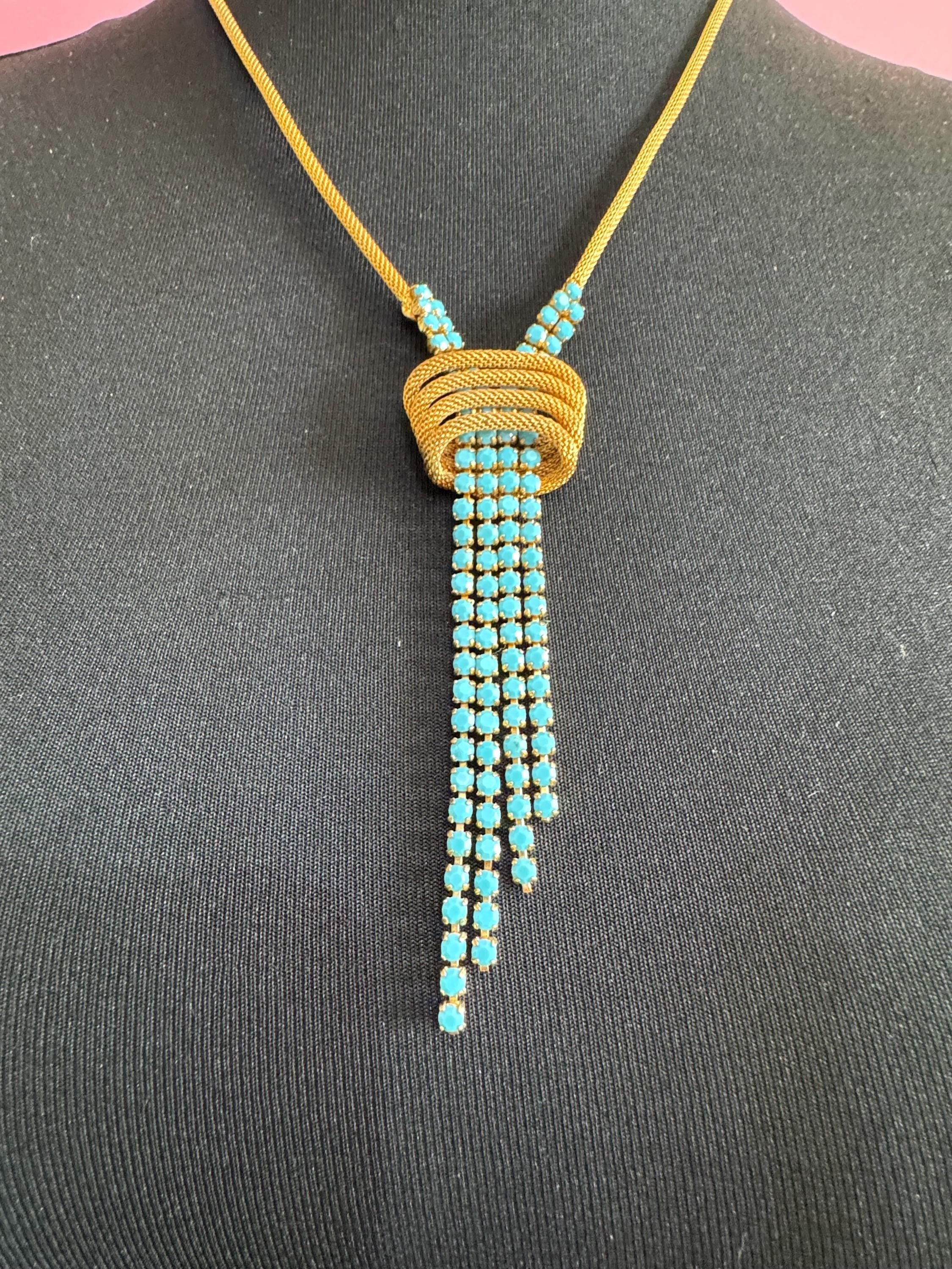 Vintage 1960s gold mesh lariat drop  necklace with turquoise stones