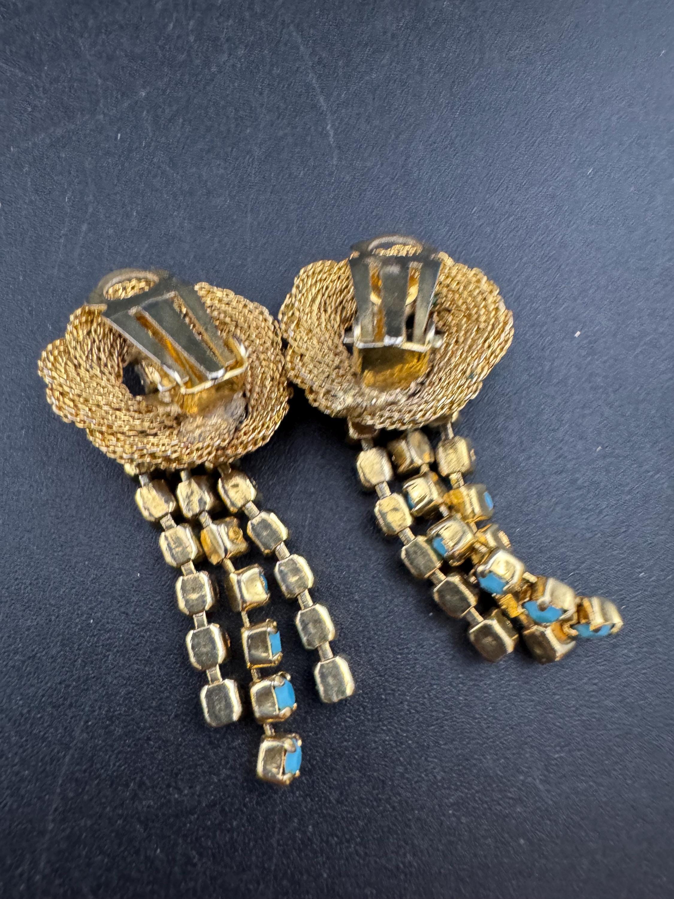 Vintage 1970s gold mesh Turquoise diamanté tassel clip on earrings