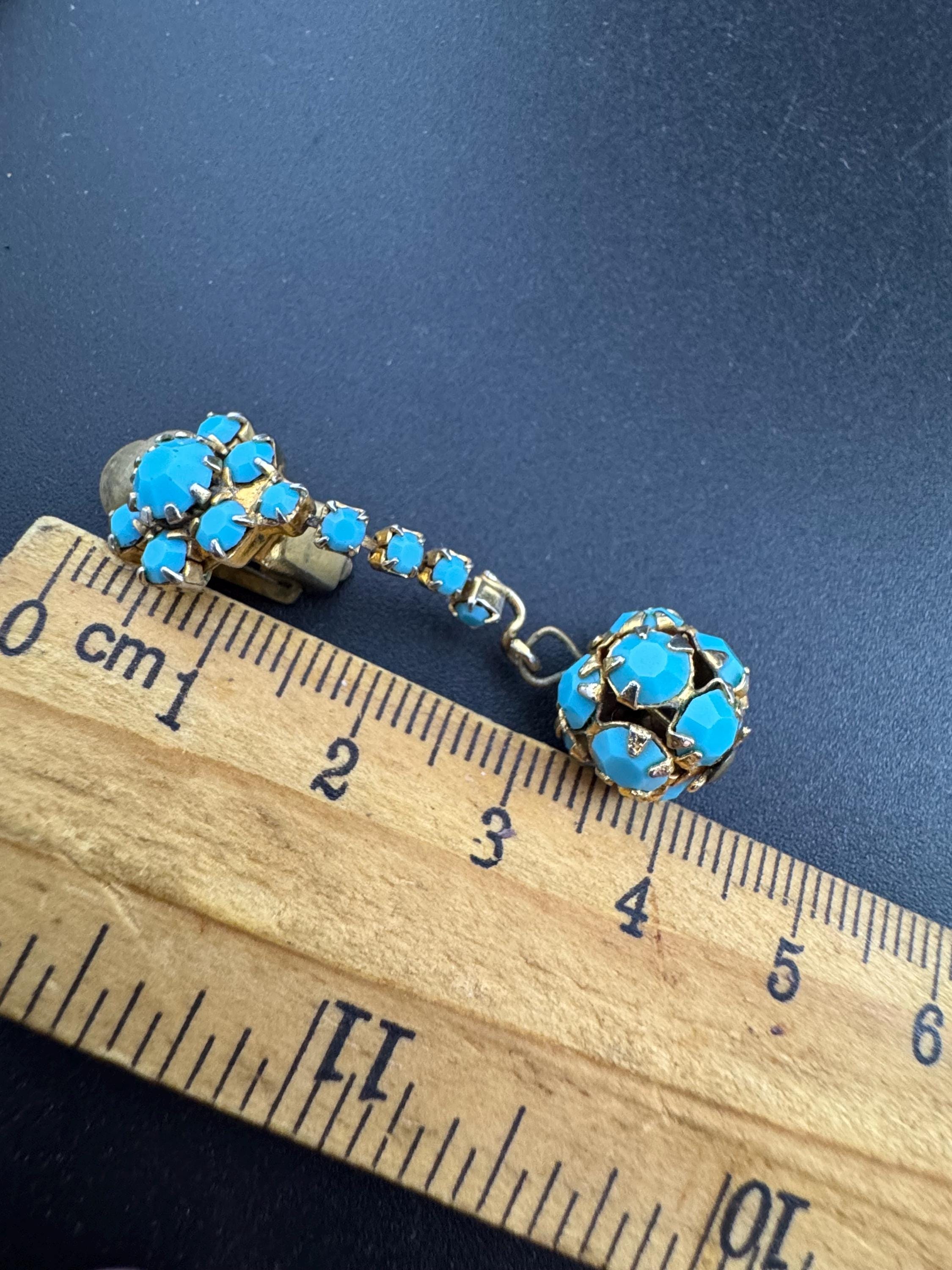 Vintage 1970s gold mesh Turquoise diamanté ball clip on earrings