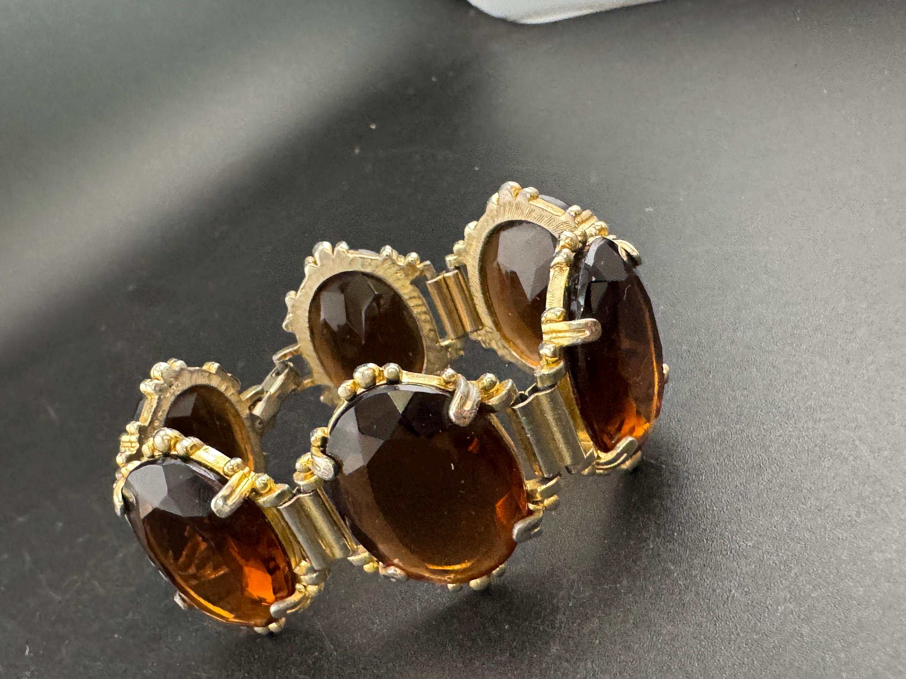 Vintage oversized dark brown cognac Glass Cabochon Gold Tone cocktail bracelet