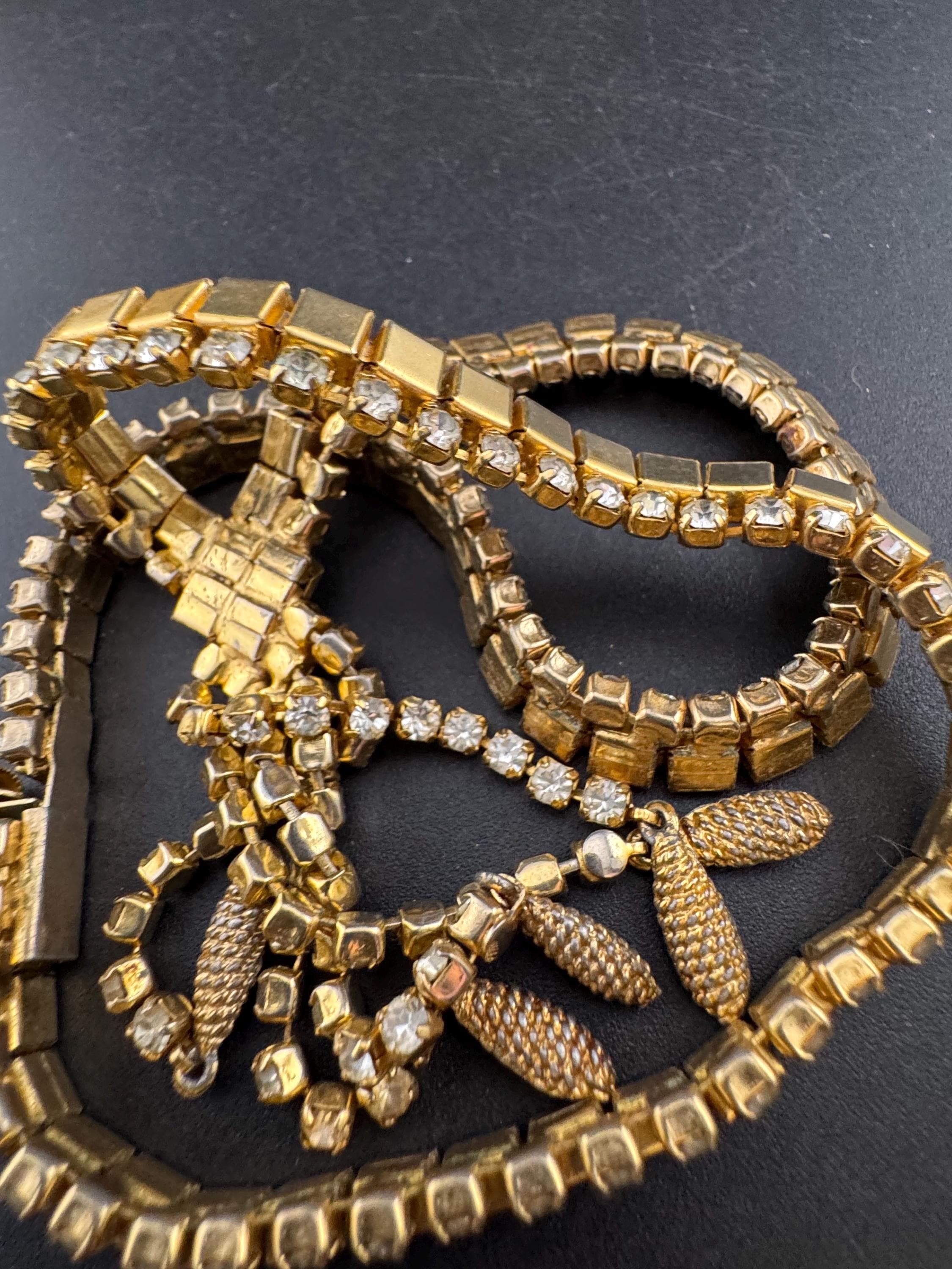 Vintage penino gold tone mesh & Clear paste diamanté waterfall lariat necklace