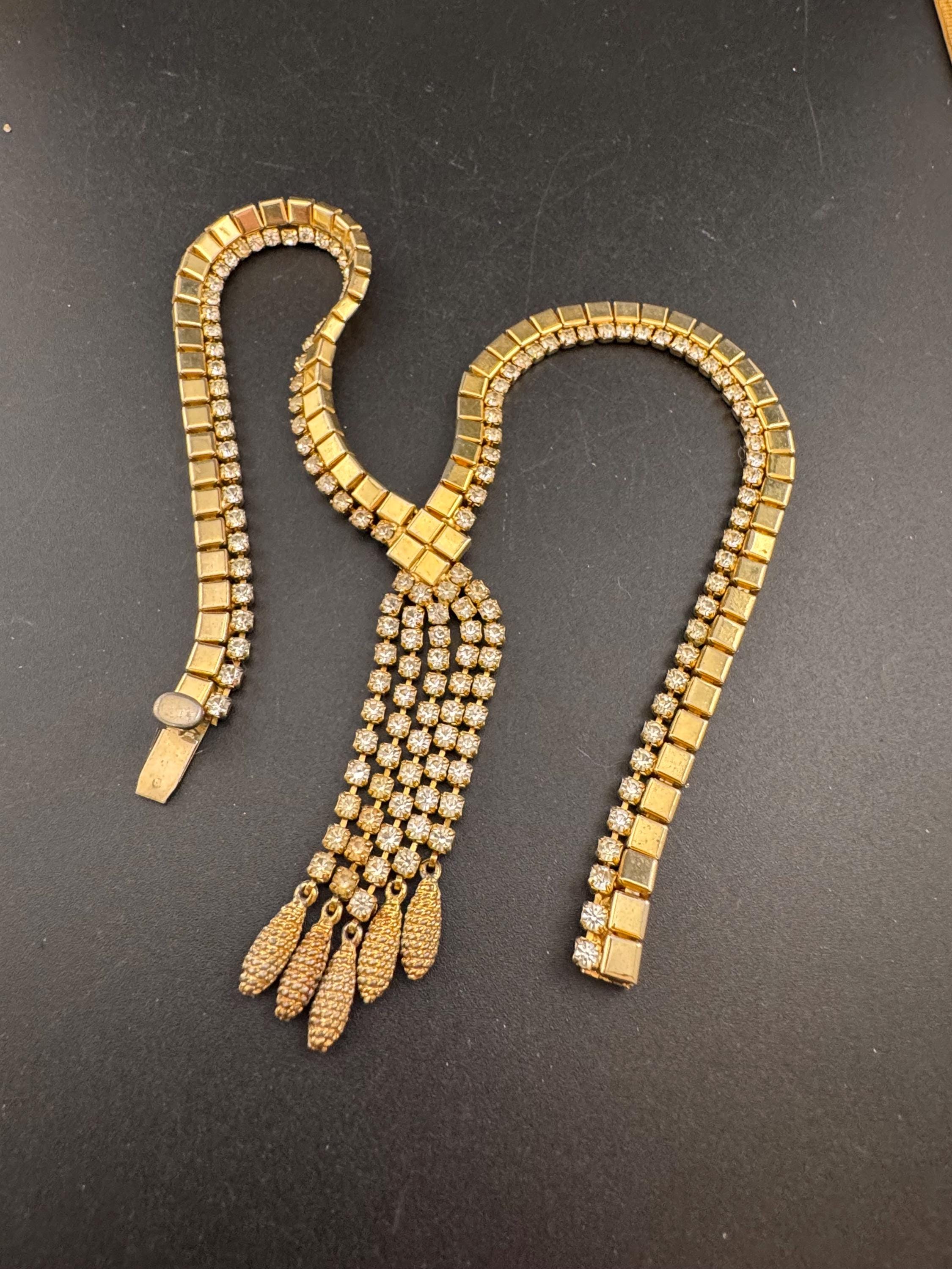 Vintage penino gold tone mesh & Clear paste diamanté waterfall lariat necklace