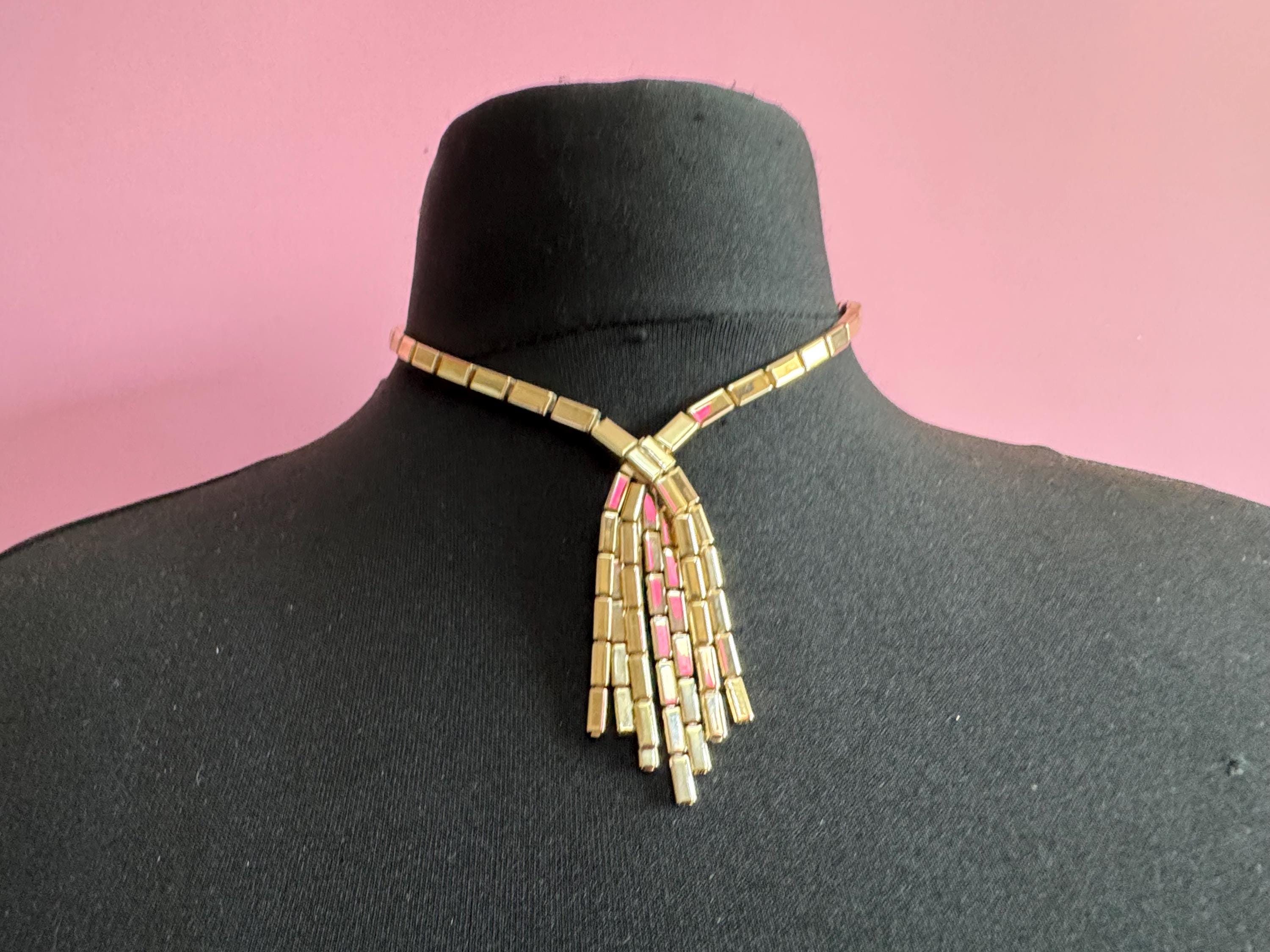 Vintage long tube mesh gold tassel necklace, 1960s modernist