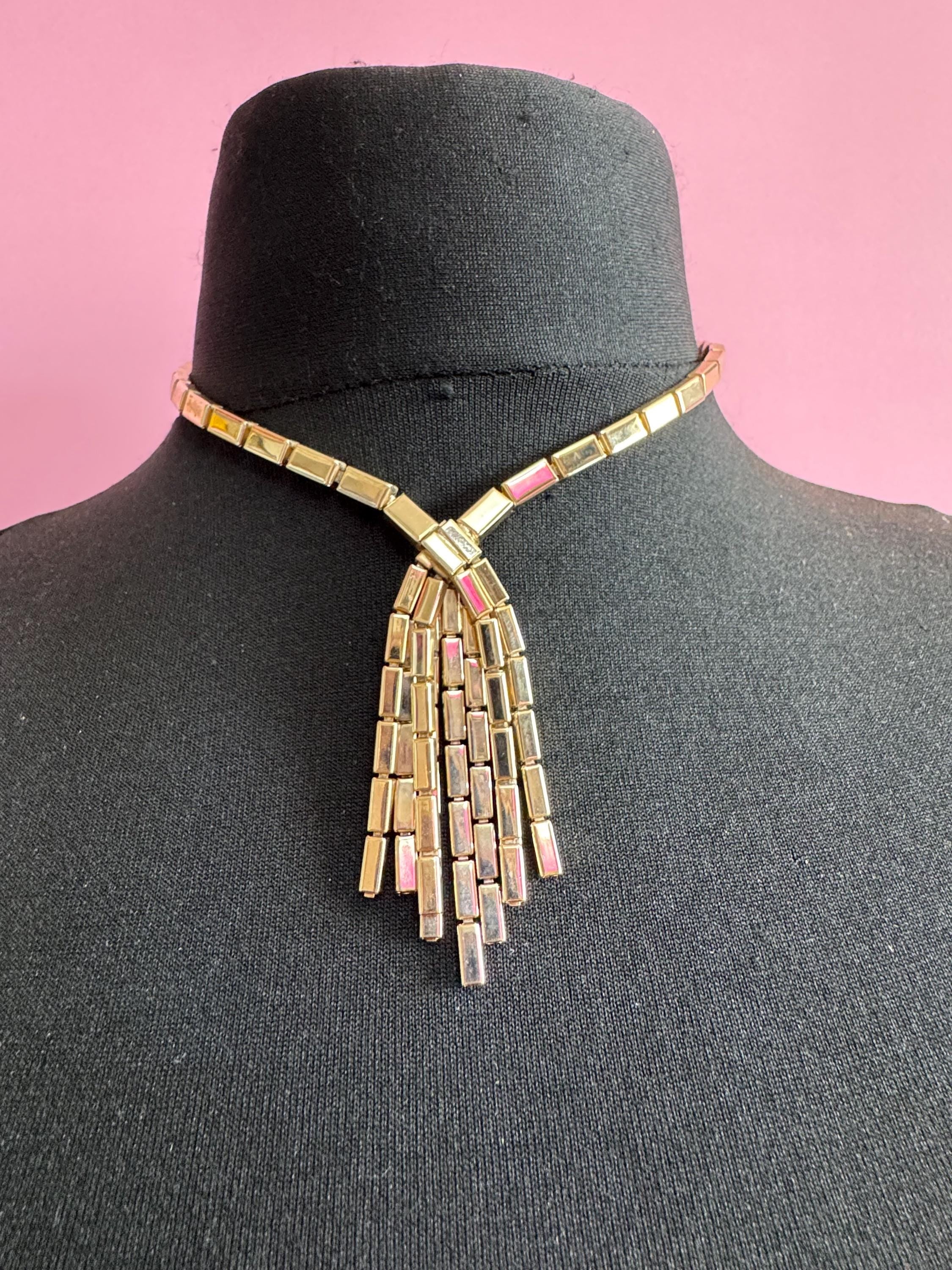 Vintage long tube mesh gold tassel necklace, 1960s modernist