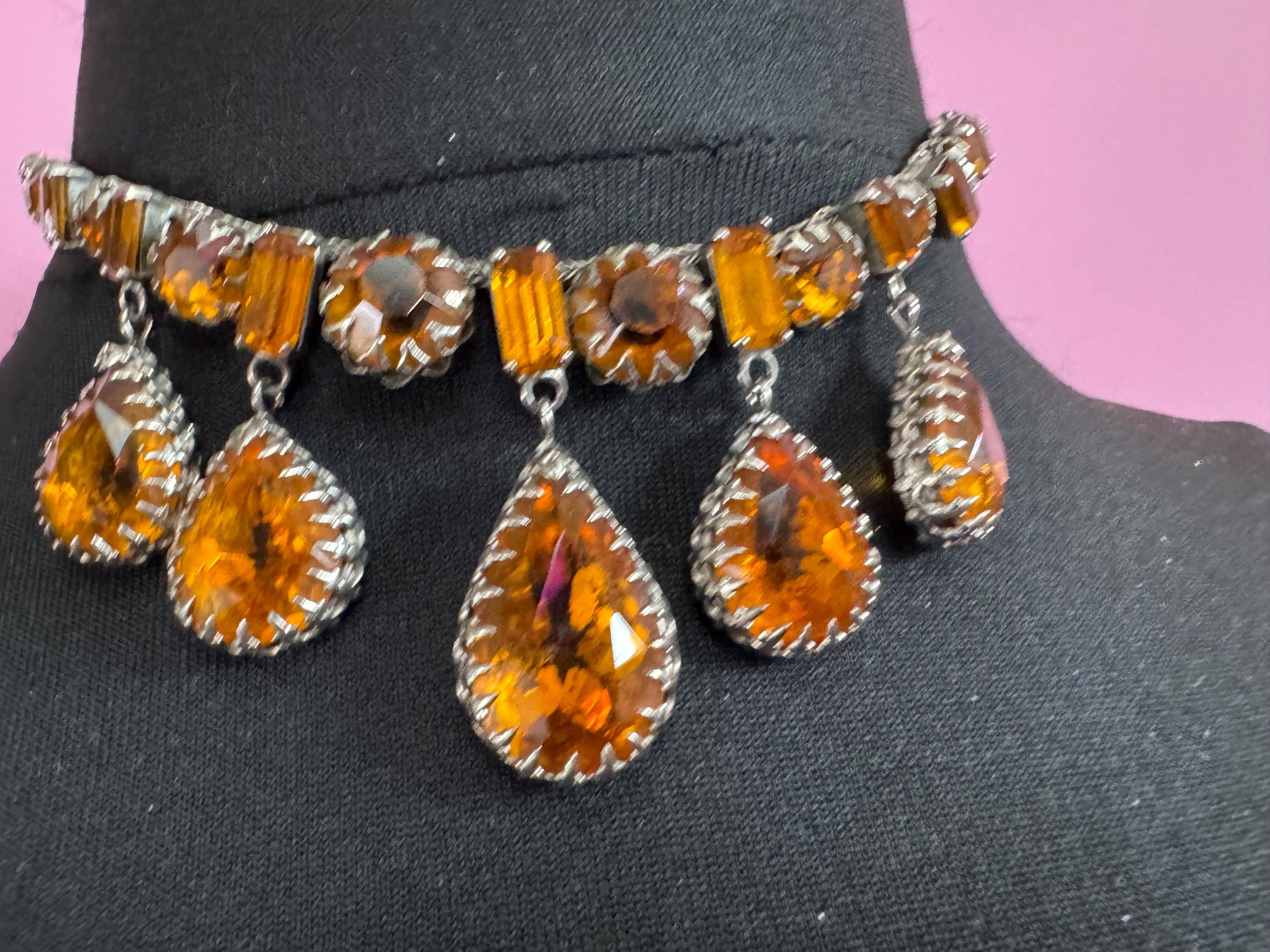 vintage 1940s Austrian citrine rhinestone drop bib necklace , prong set foil backed