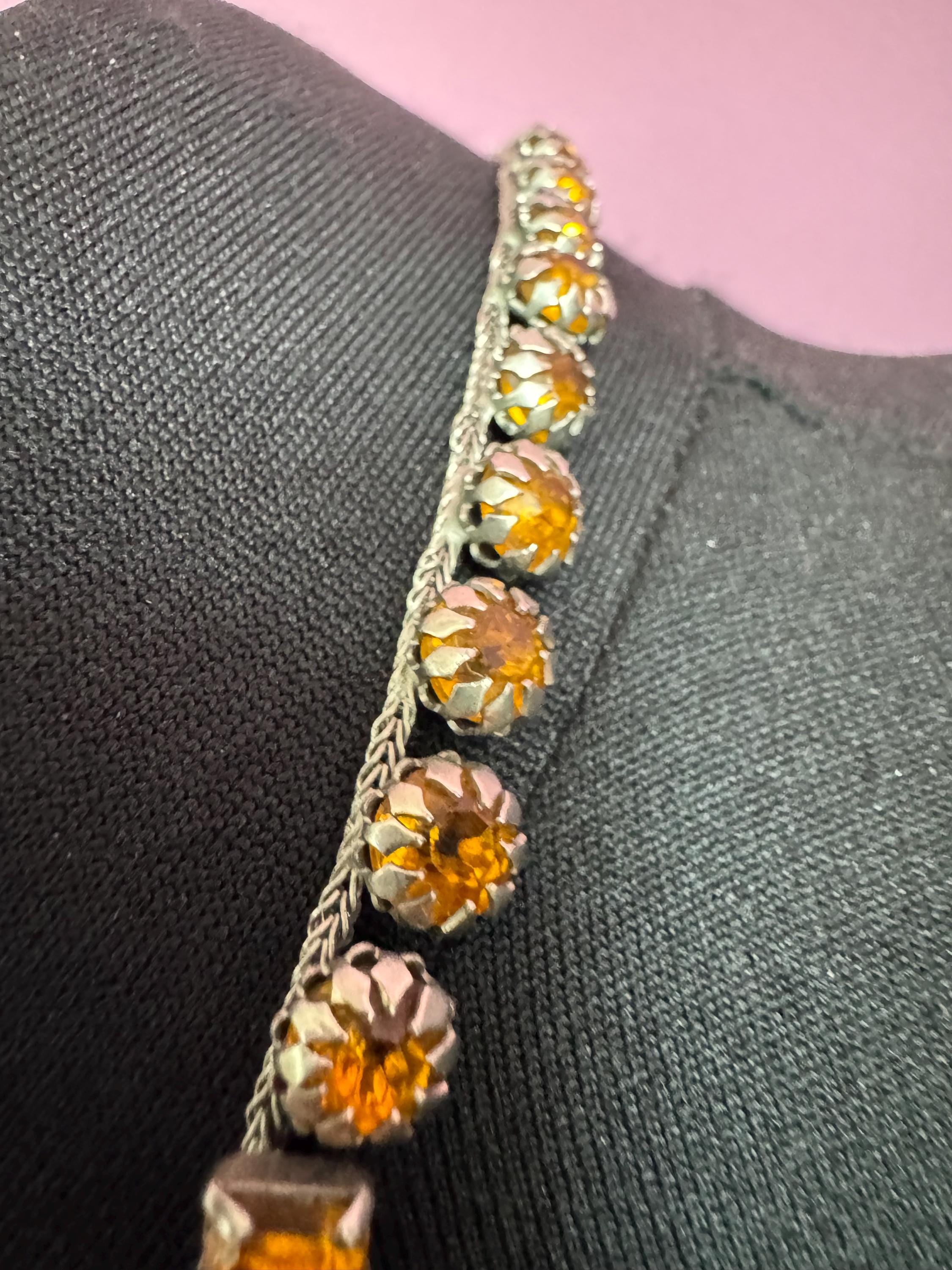 vintage 1940s Austrian citrine rhinestone drop bib necklace , prong set foil backed