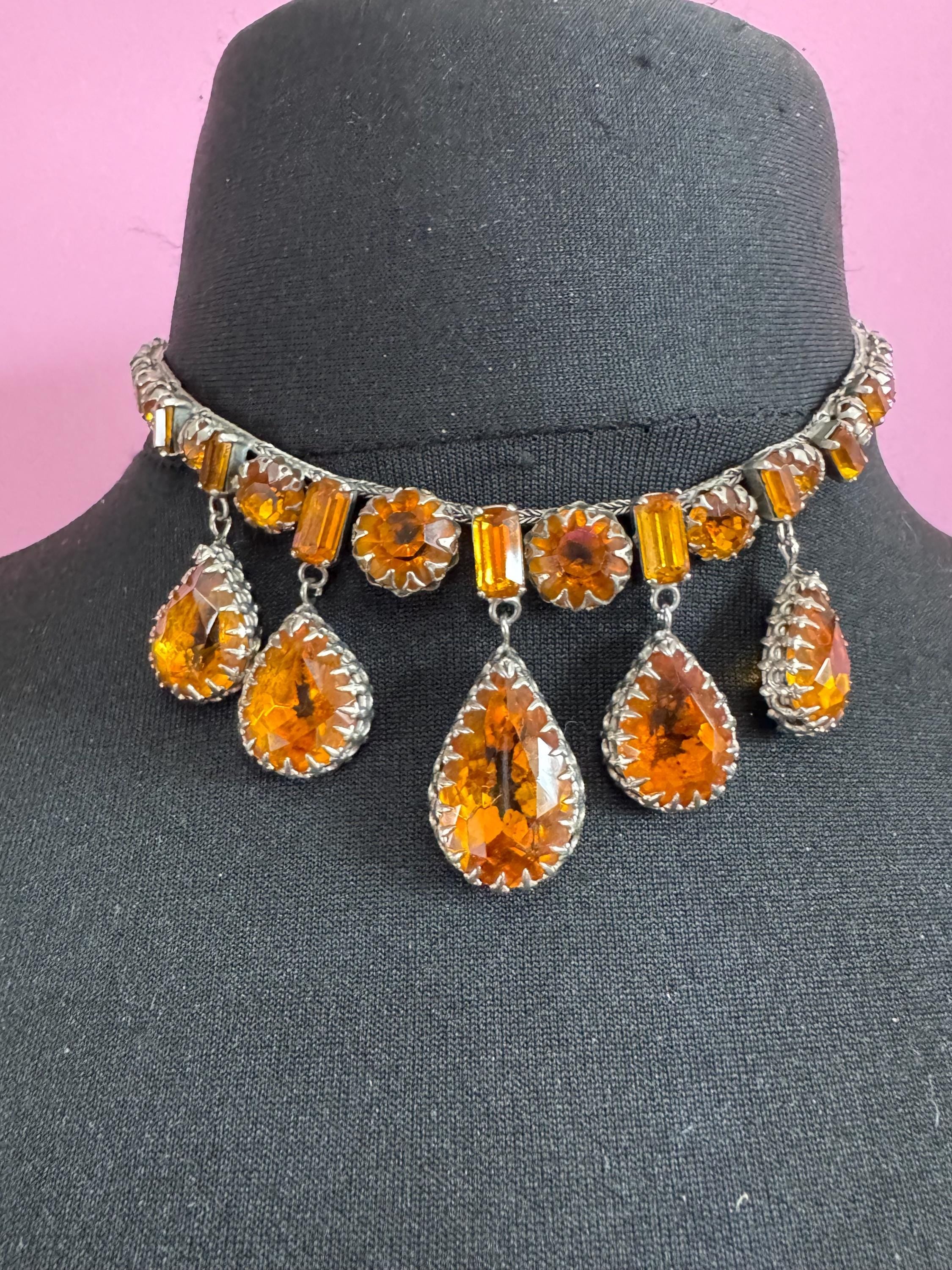 vintage 1940s Austrian citrine rhinestone drop bib necklace , prong set foil backed