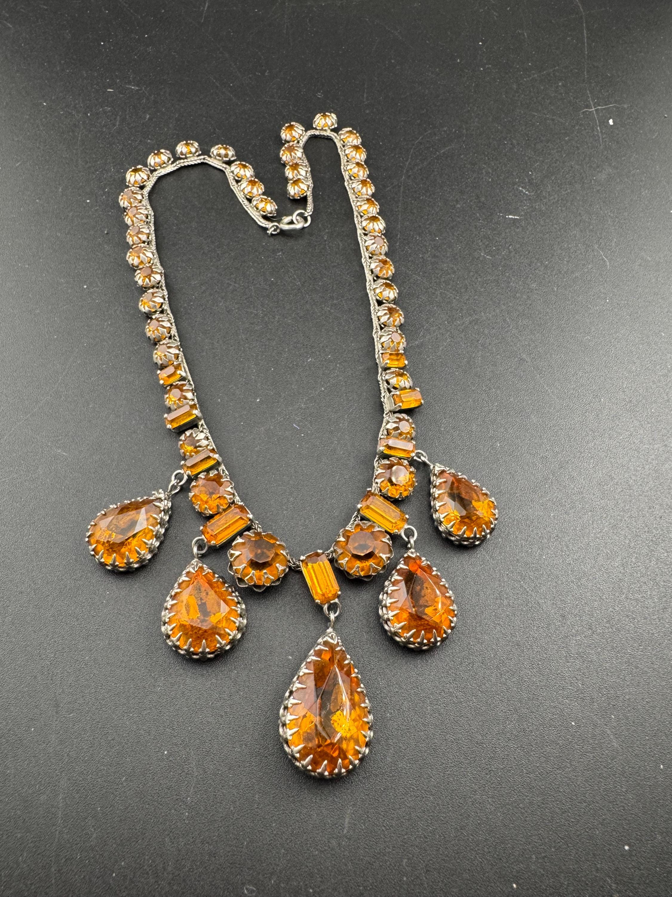 vintage 1940s Austrian citrine rhinestone drop bib necklace , prong set foil backed