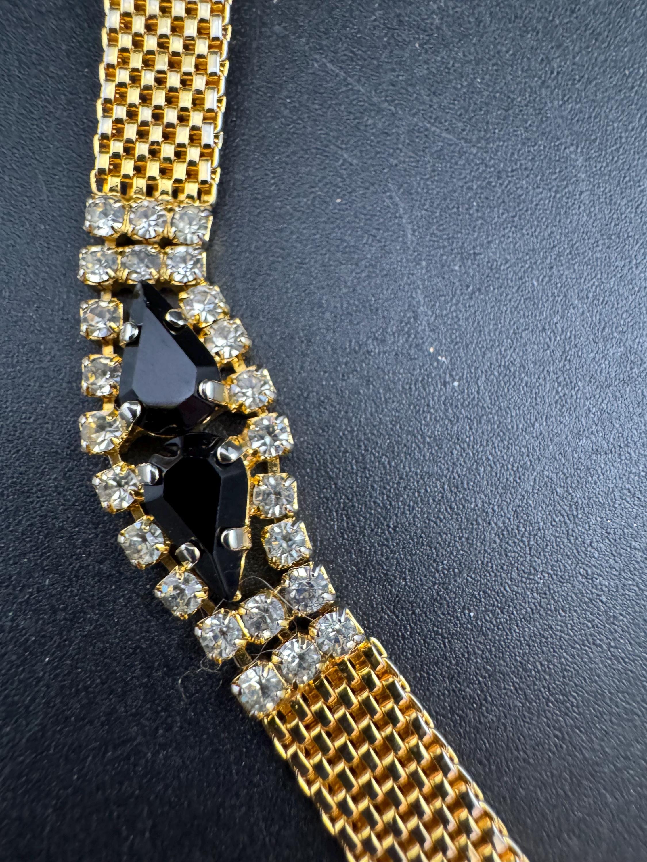 Vintage black rhinestone Glass Gold Tone mesh cocktail bracelet