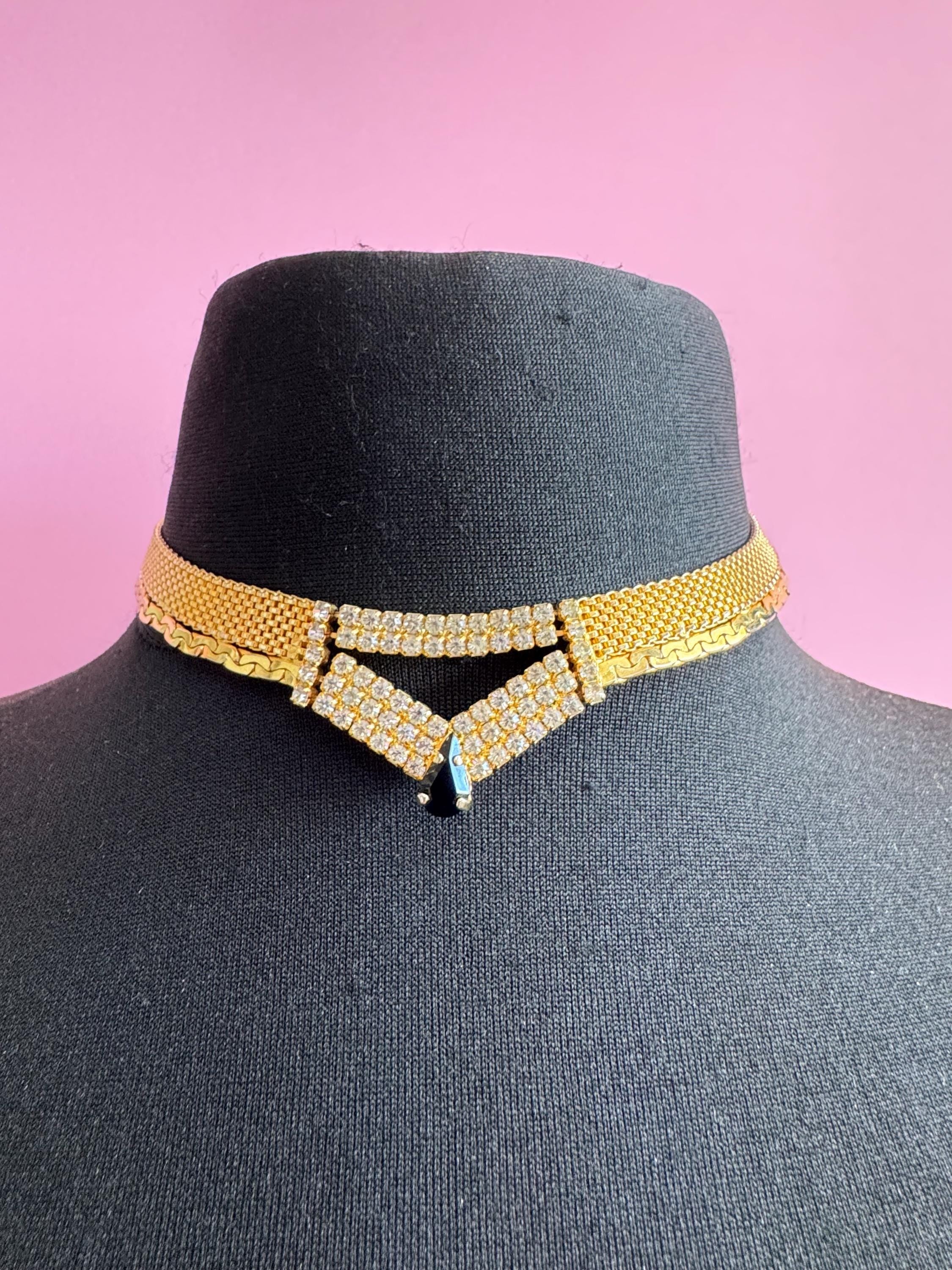 Vintage black and clear rhinestone gold mesh choker necklace 42cm