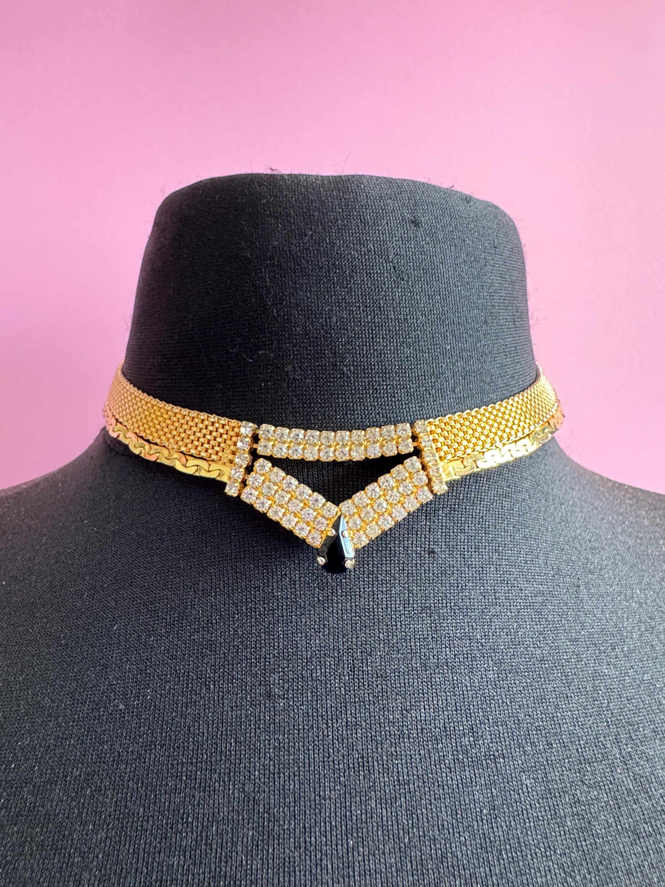 Vintage black and clear rhinestone gold mesh choker necklace 42cm