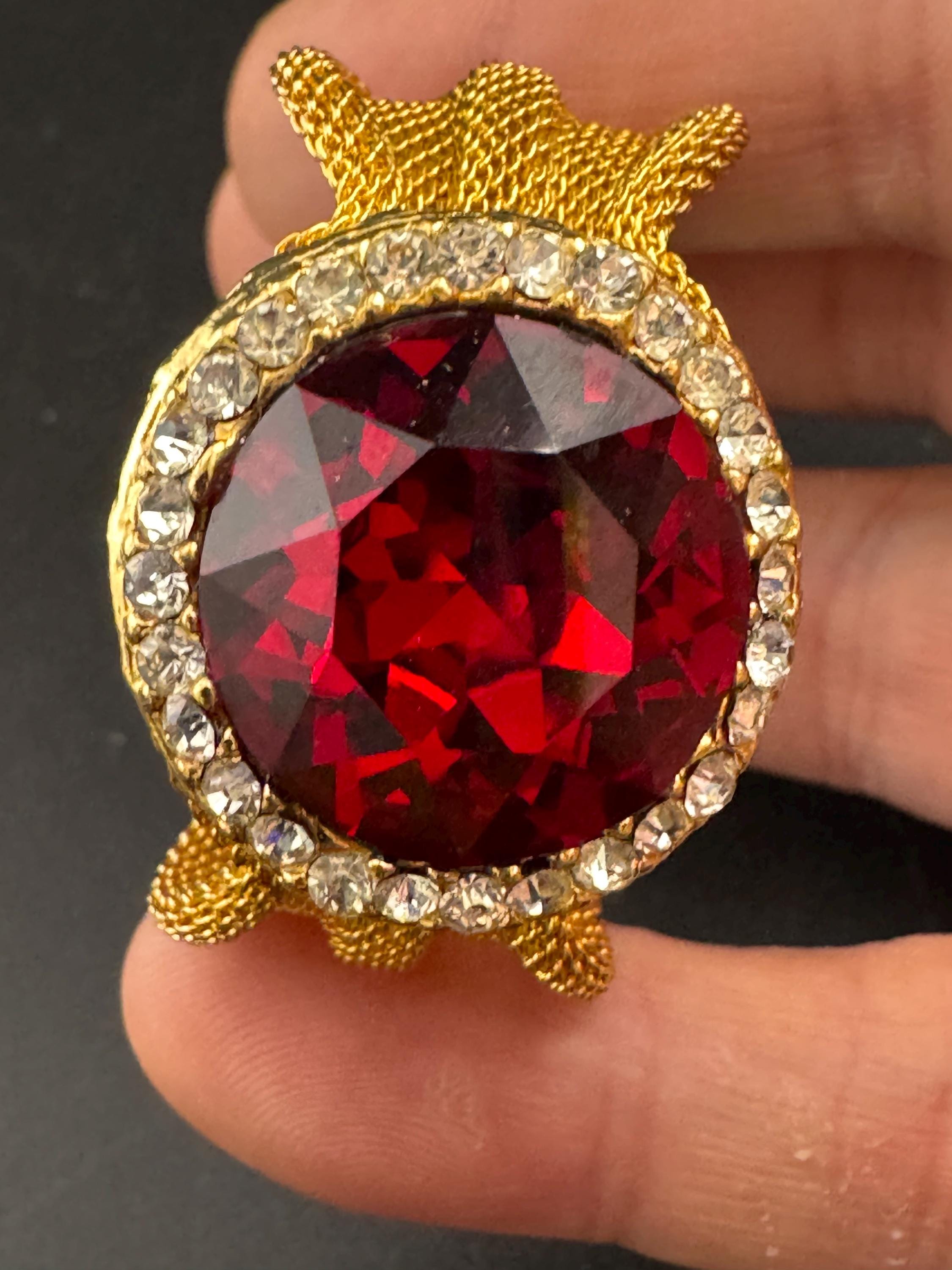 Vintage gold mesh ruby red rhinestone cocktail bracelet 1970s 1960s