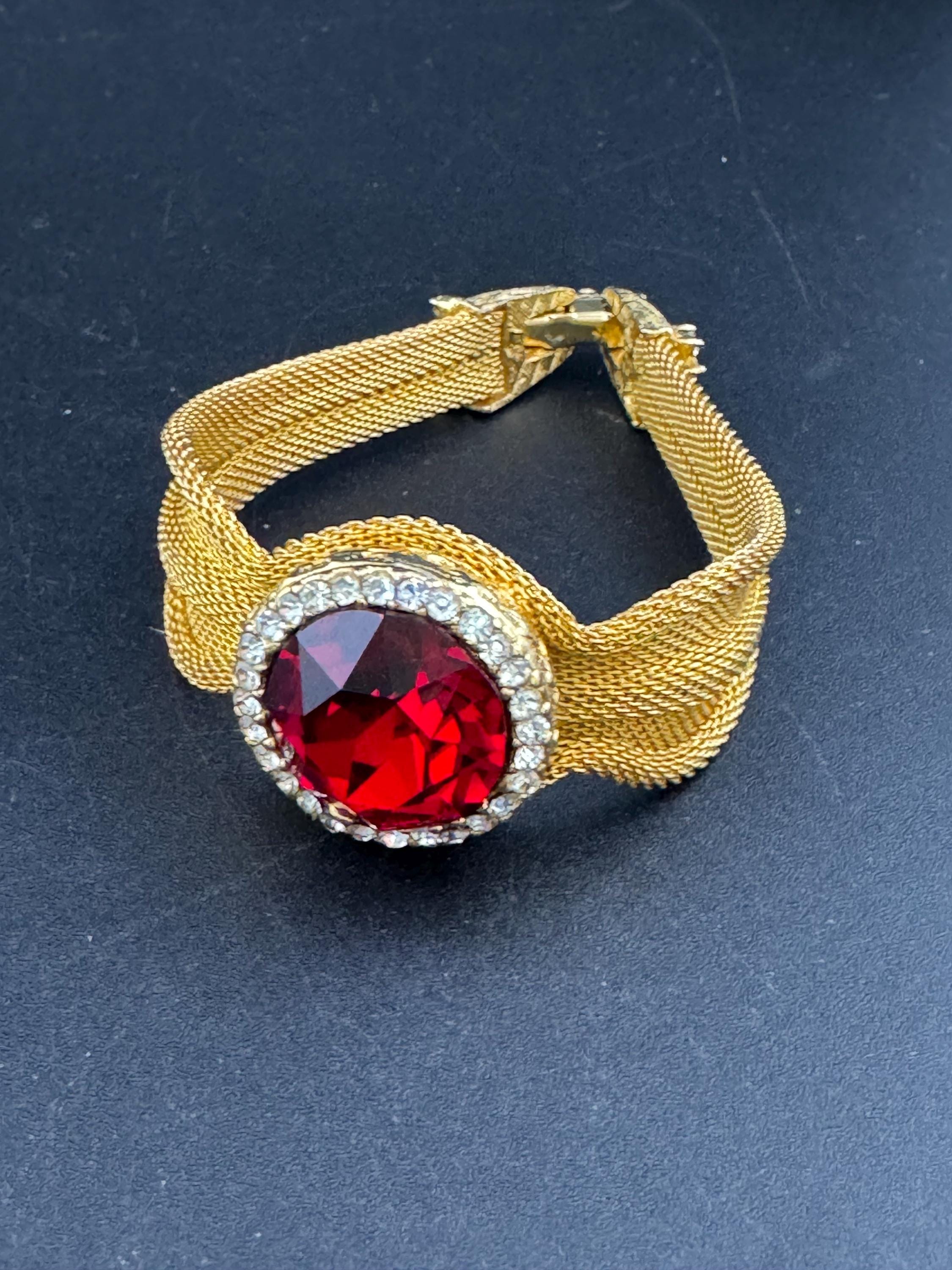 Vintage gold mesh ruby red rhinestone cocktail bracelet 1970s 1960s