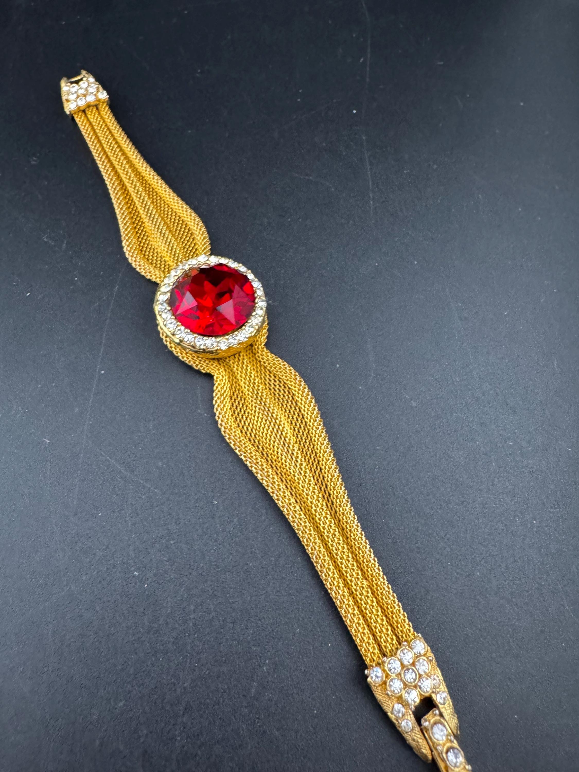 Vintage gold mesh ruby red rhinestone cocktail bracelet 1970s 1960s