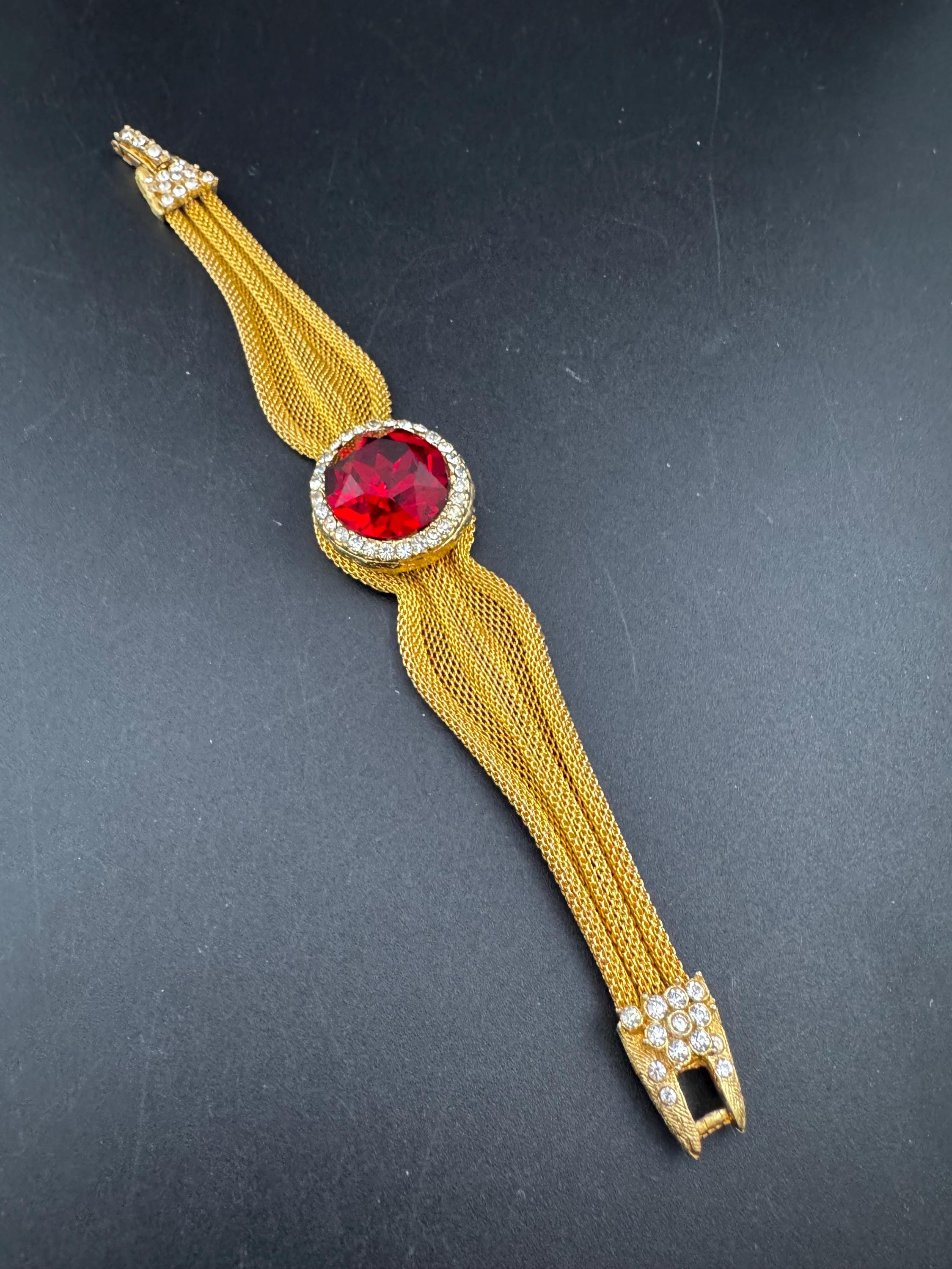 Vintage gold mesh ruby red rhinestone cocktail bracelet 1970s 1960s