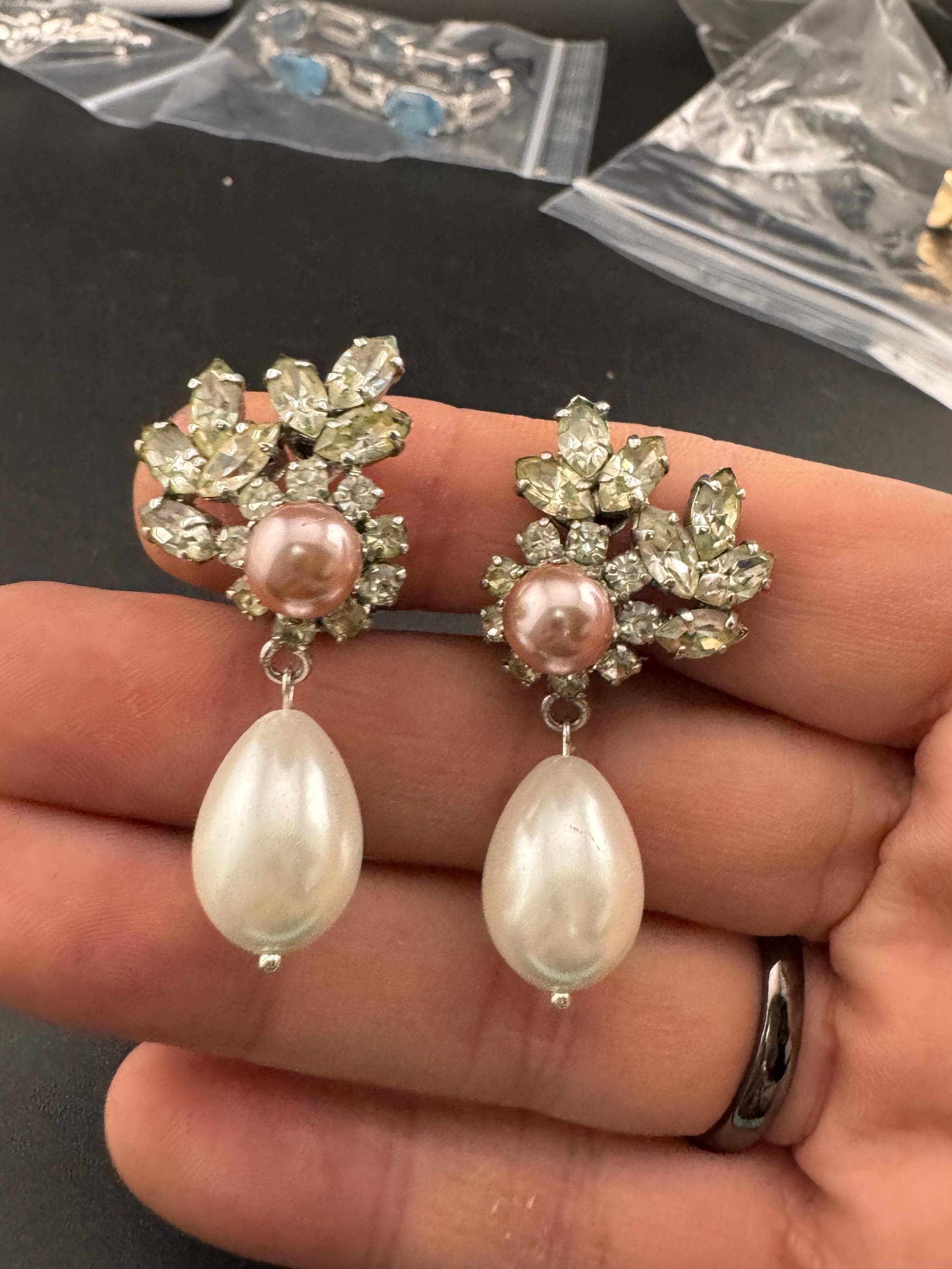 1967 Christian Dior Vintage Pearl Rhinestone Clip On Earrings
