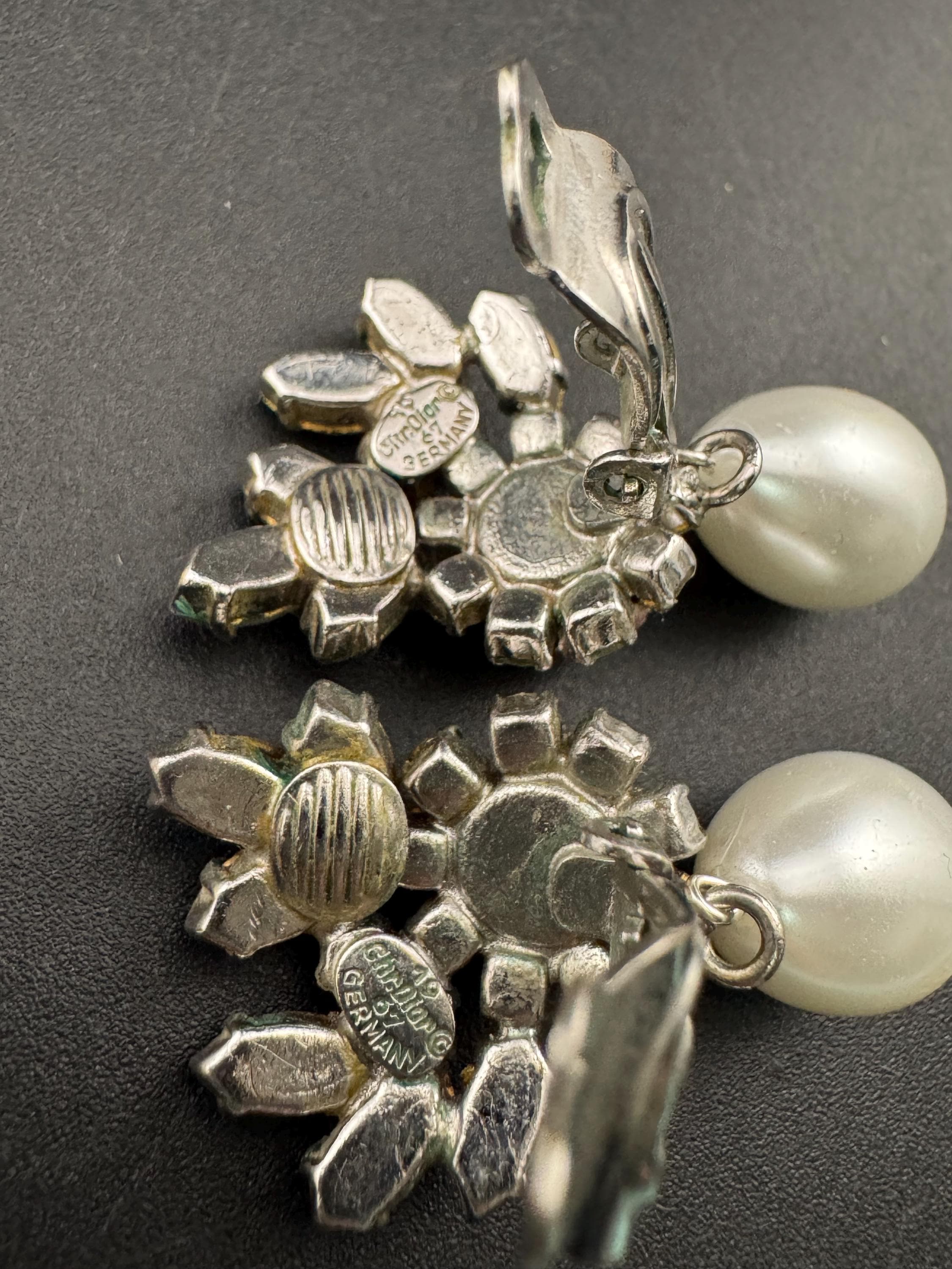 1967 Christian Dior Vintage Pearl Rhinestone Clip On Earrings