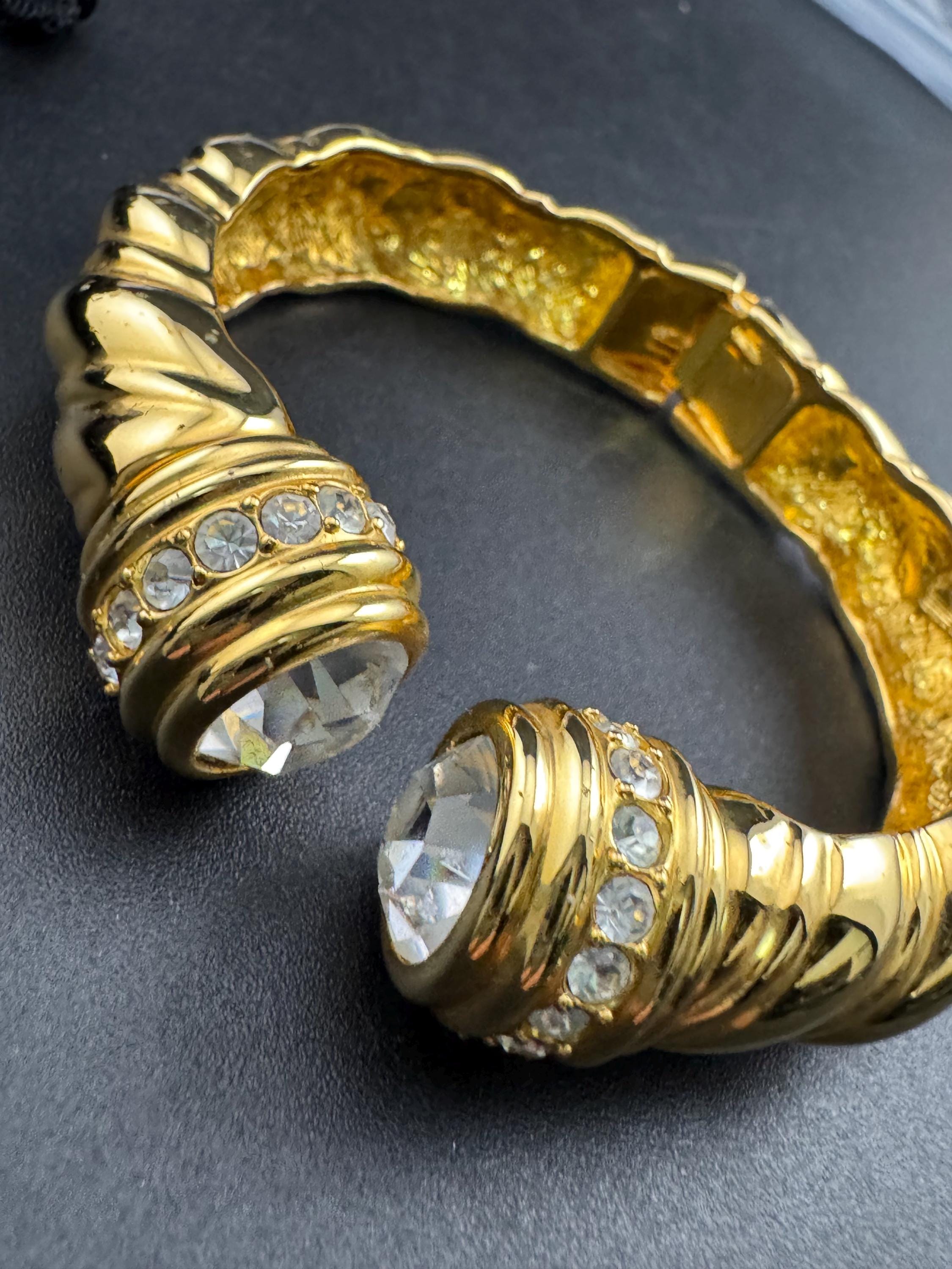 Joan rivers crystal torque clamper bangle, Etruscan style gold tone
