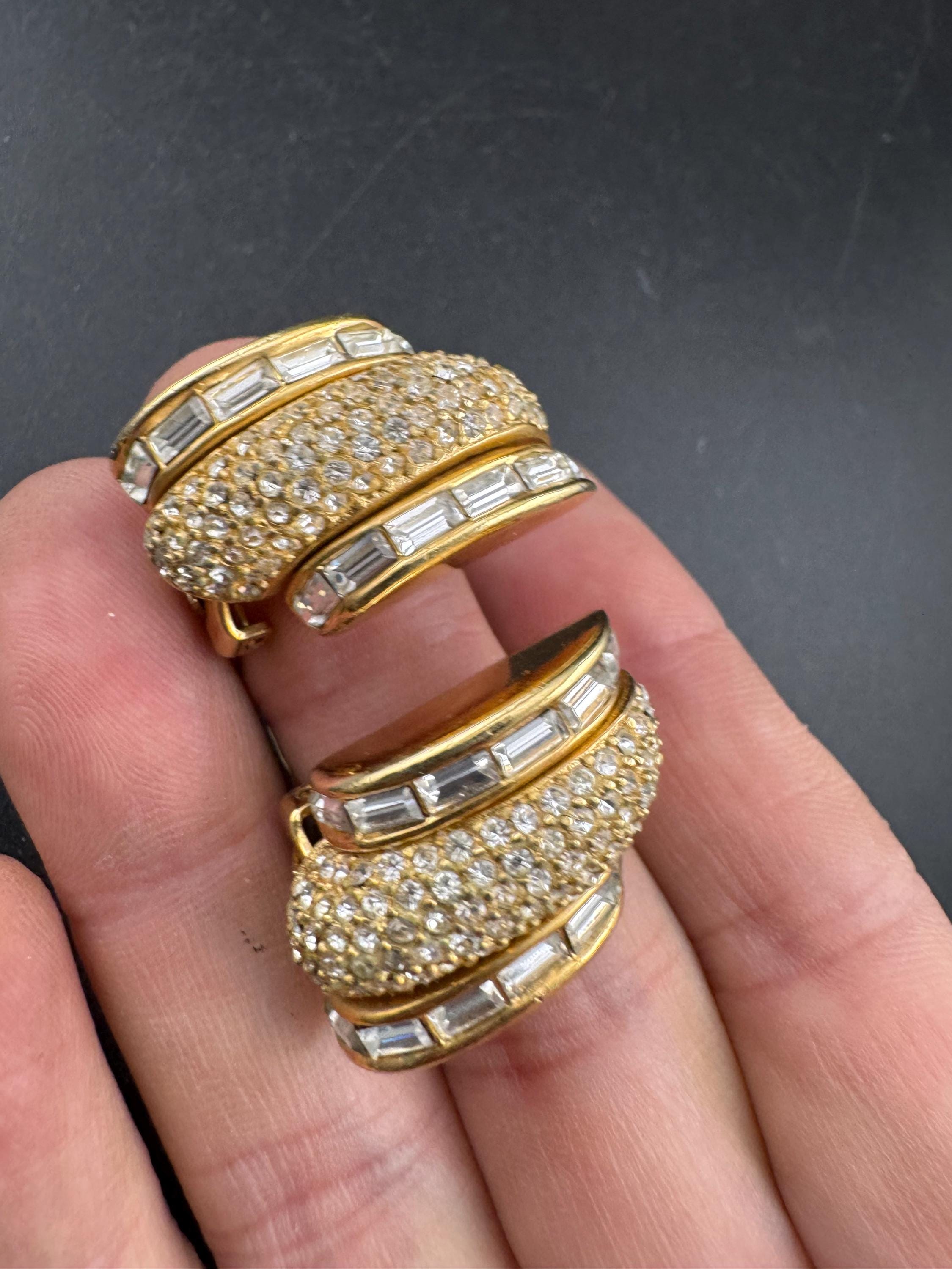 Signed GROSSE clear baguette crystal Diamante clip on earrings, high end 3cm designer studs