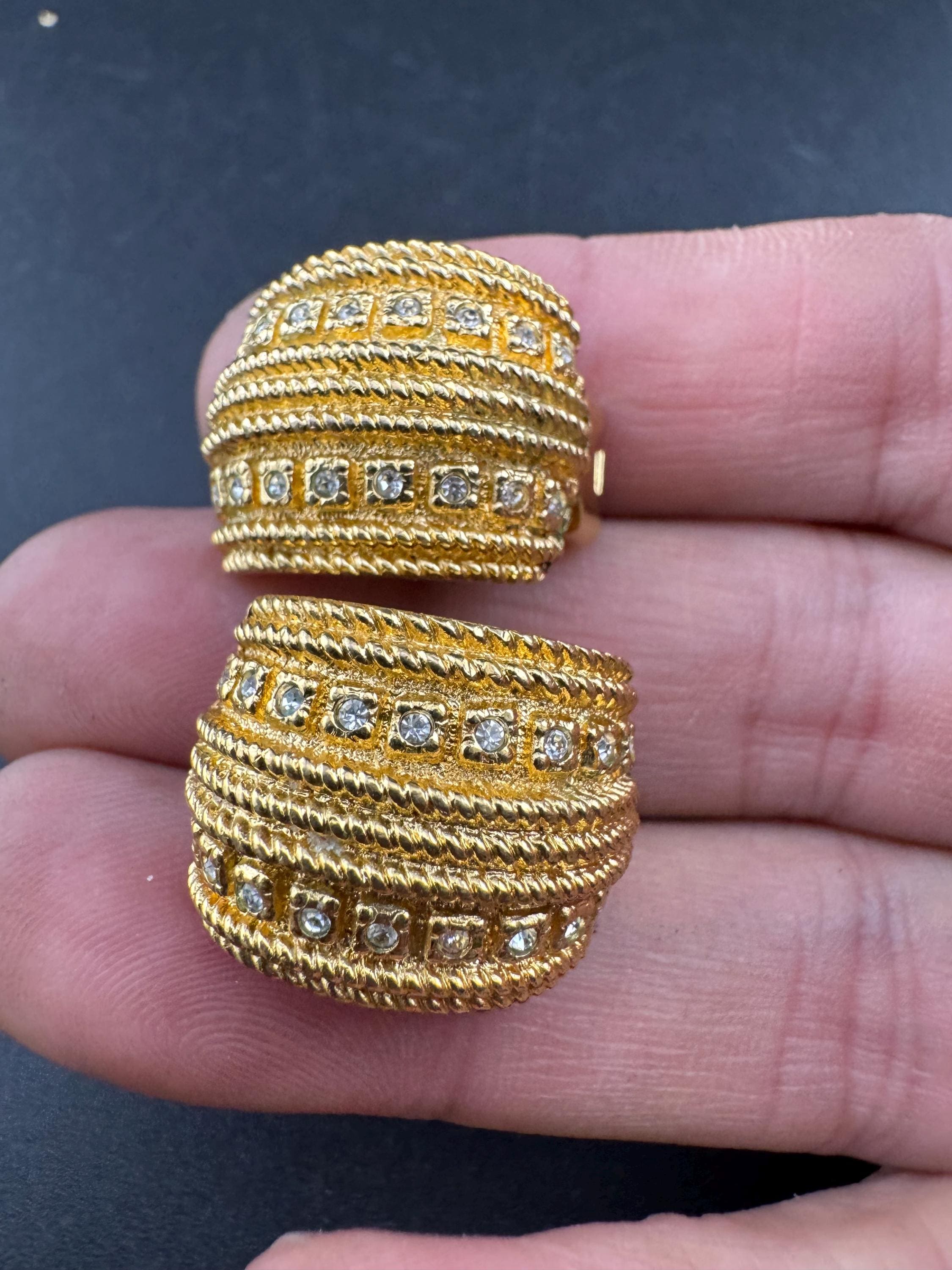 Signed GROSSE clear crystal Diamante clip on earrings, gold tone designer studs