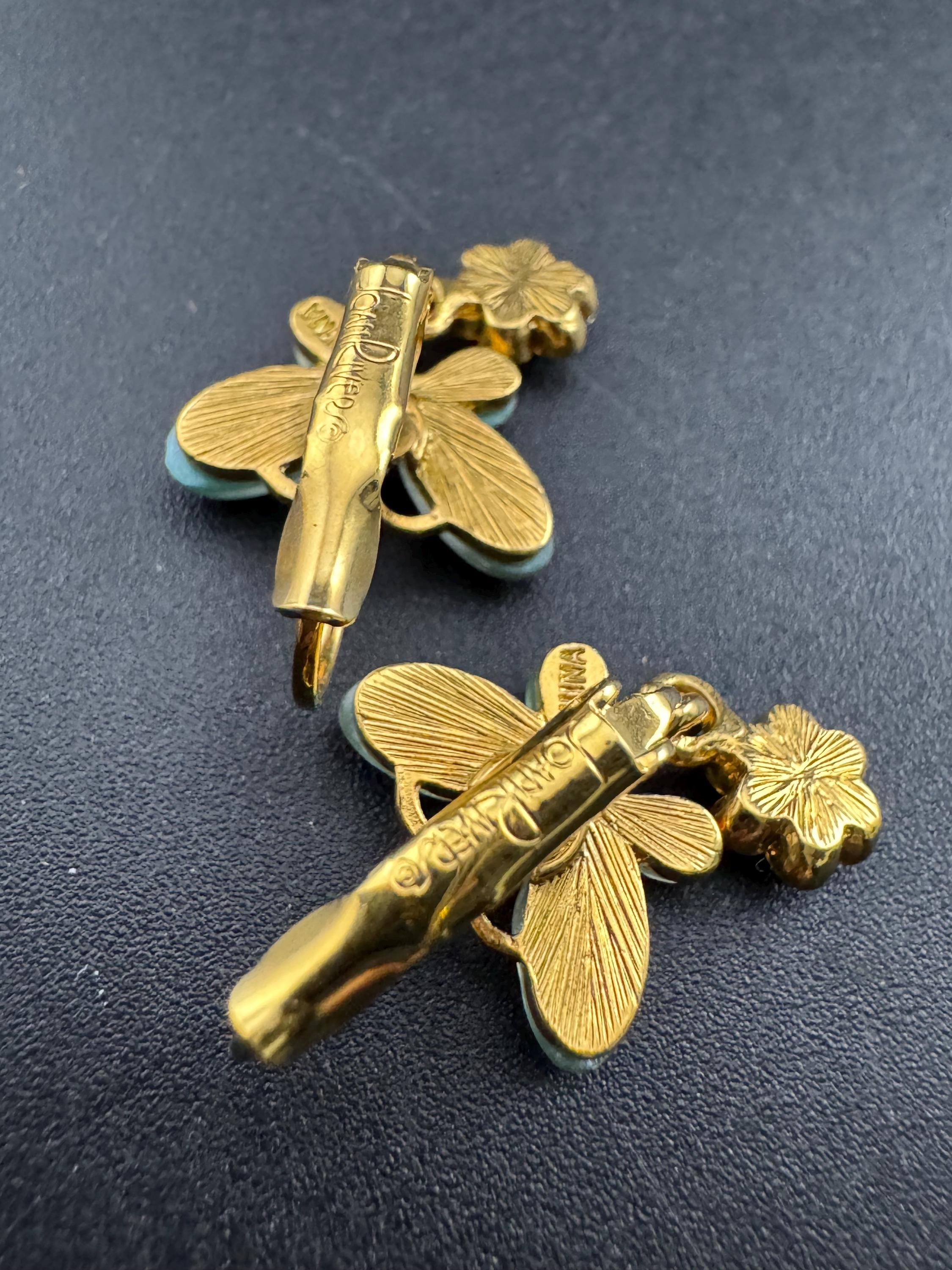 Signed Joan rivers light blue butterfly earrings,  pierced cabochon dangly