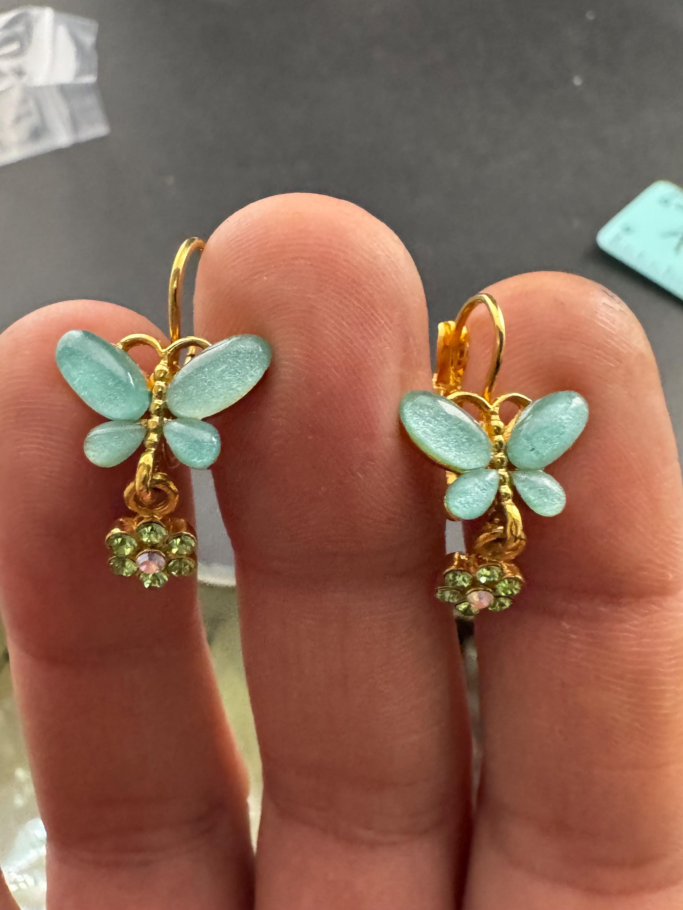 Signed Joan rivers light blue butterfly earrings,  pierced cabochon dangly