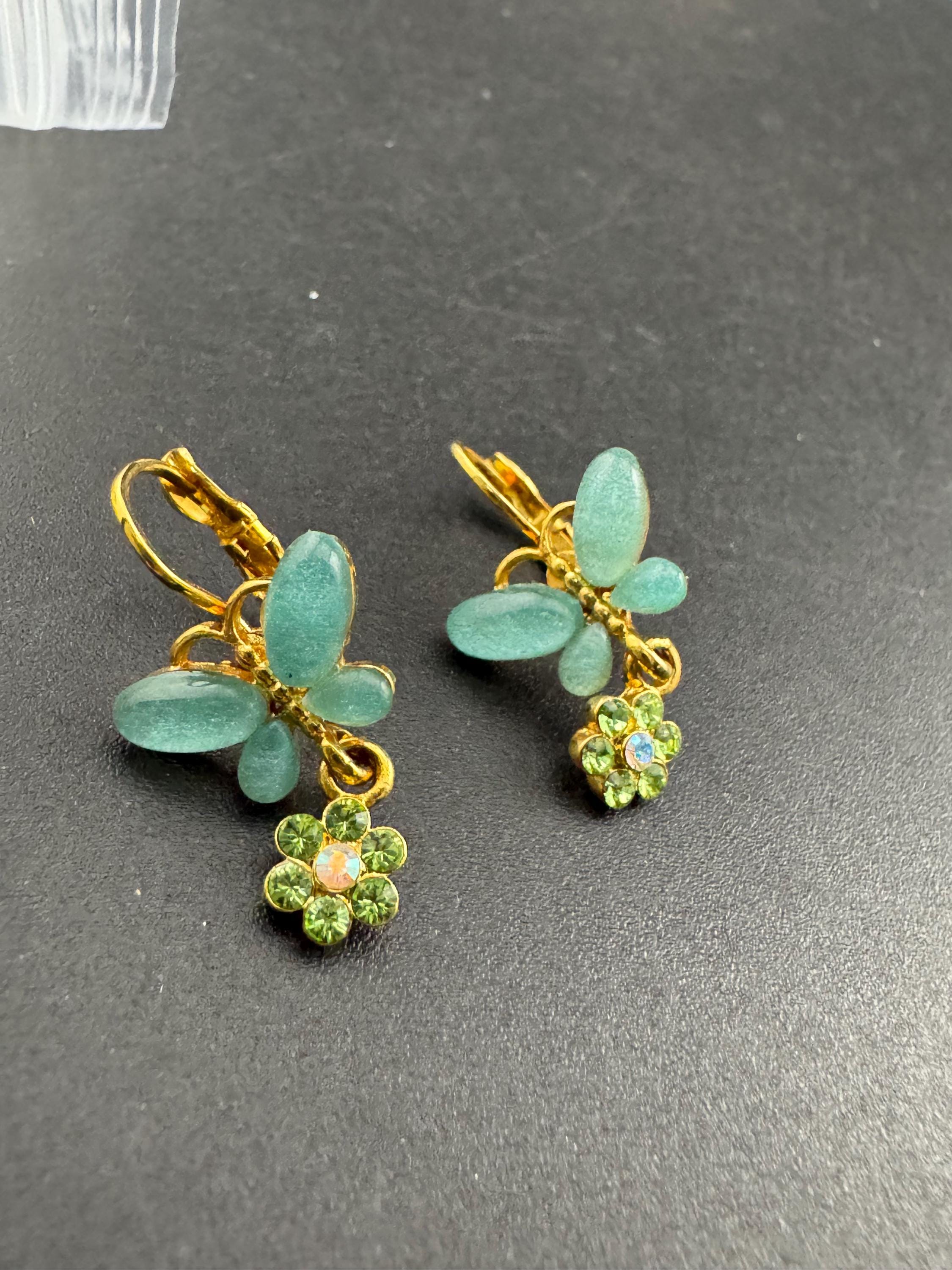 Signed Joan rivers light blue butterfly earrings,  pierced cabochon dangly