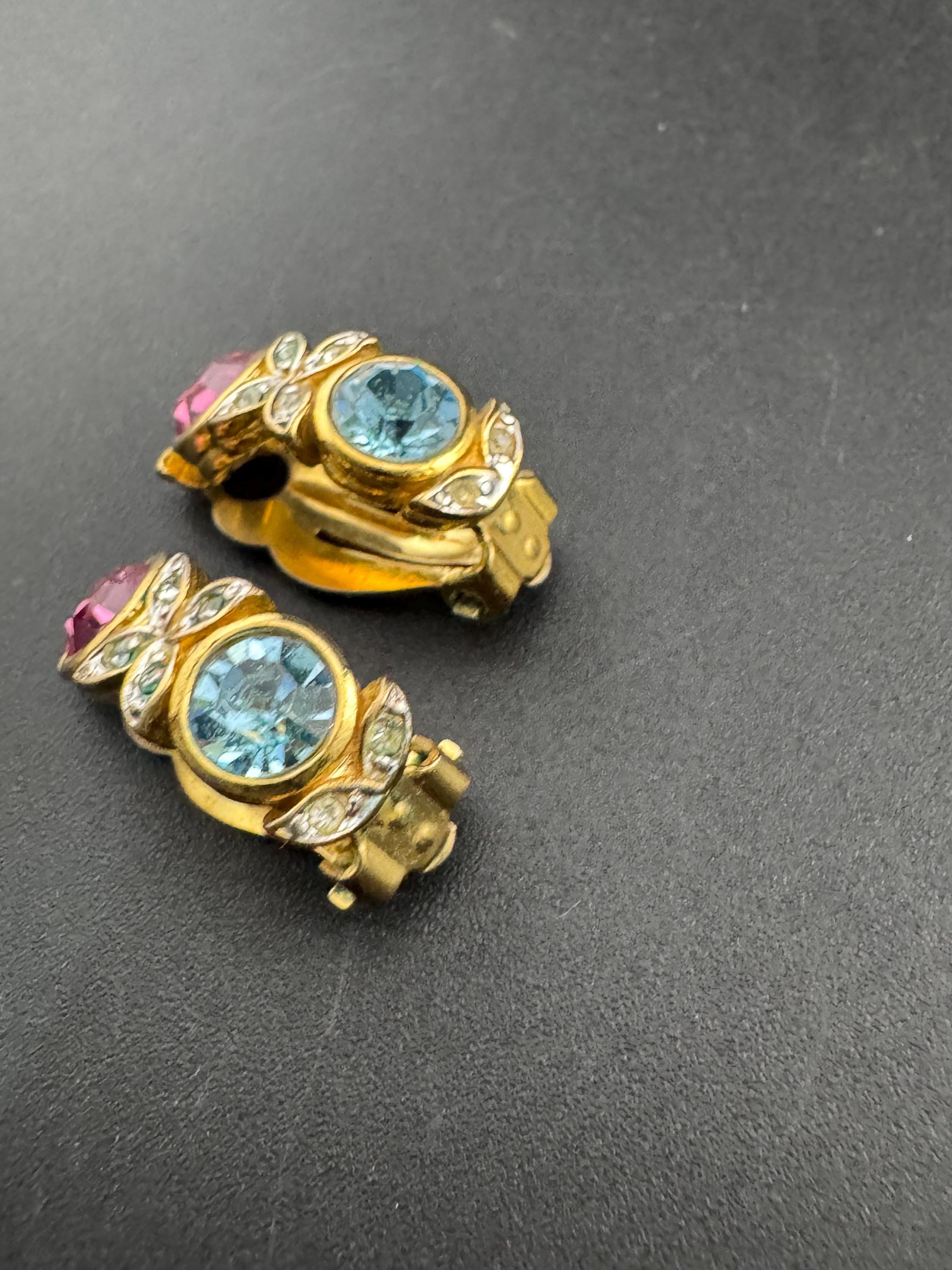 Signed d’orlan gold and pastel crystal clip on earrings, pink blue diamanté