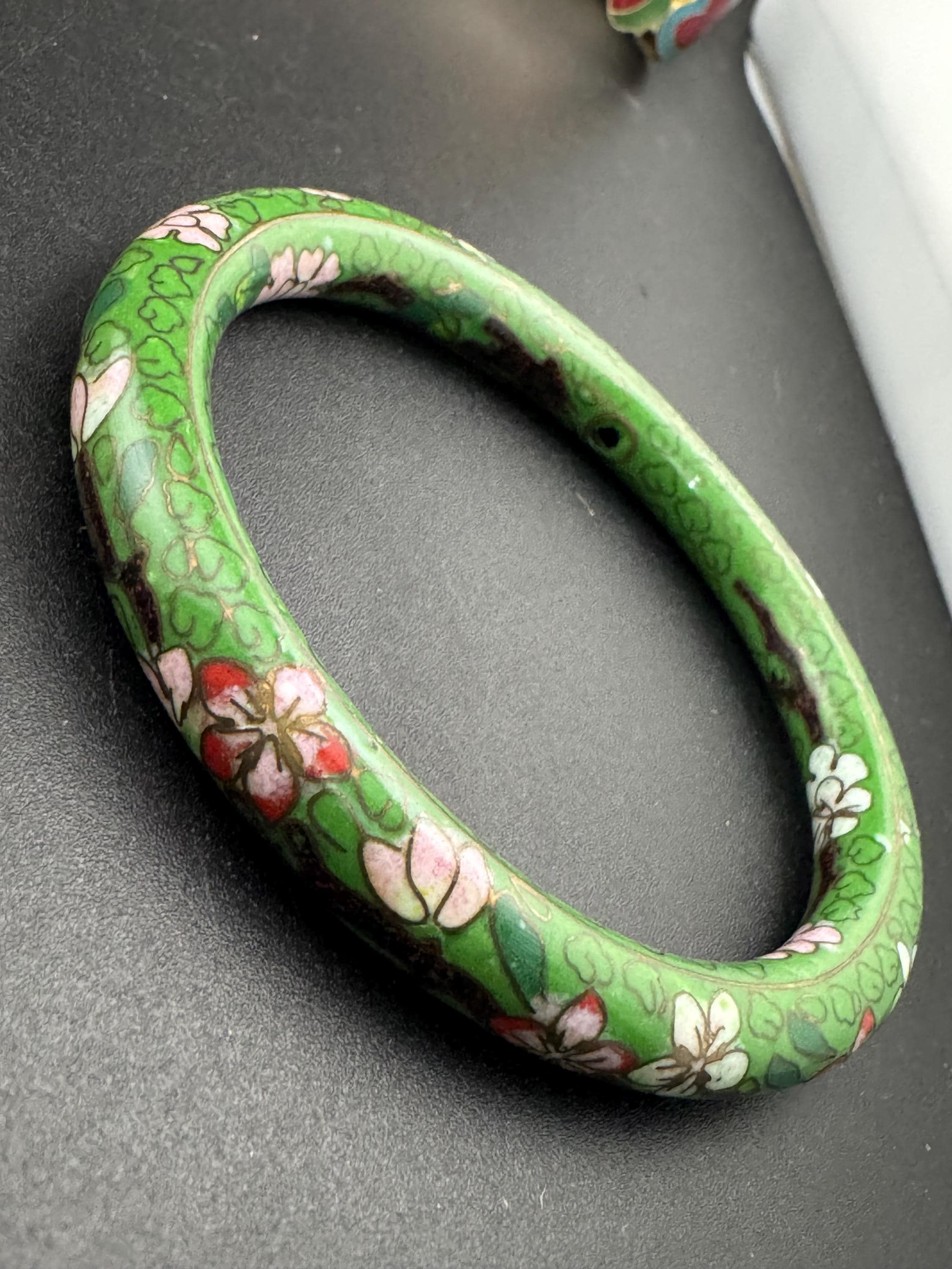 Vintage Green Cloisonné Enamel Bangle, pink flowers