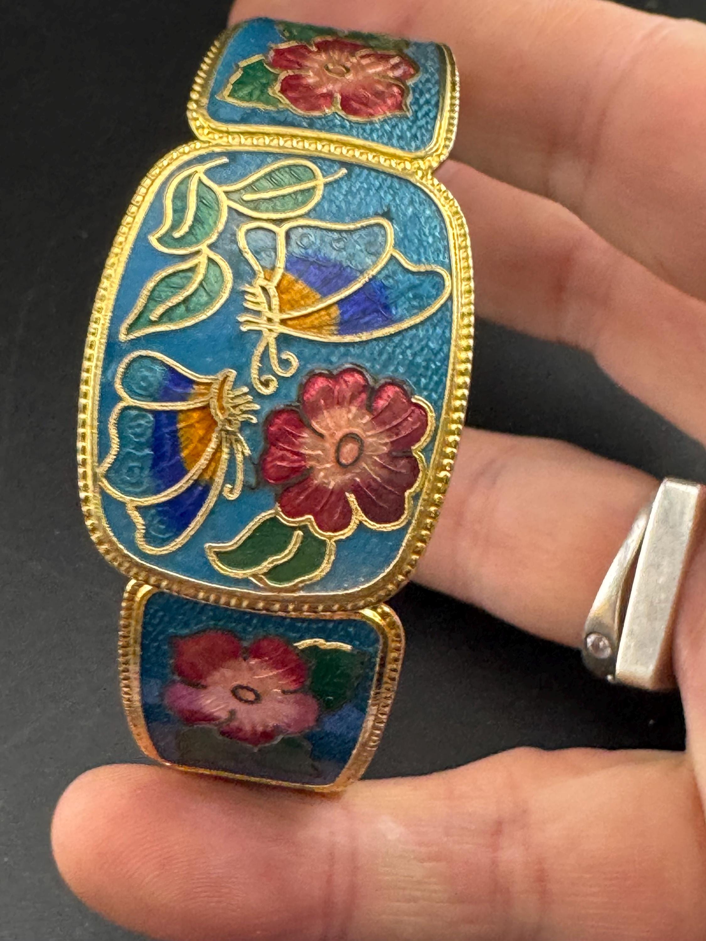 Vintage turquoise blue enamel cloisonne clamper bangle:  floral butterfly design 1980s 1990s