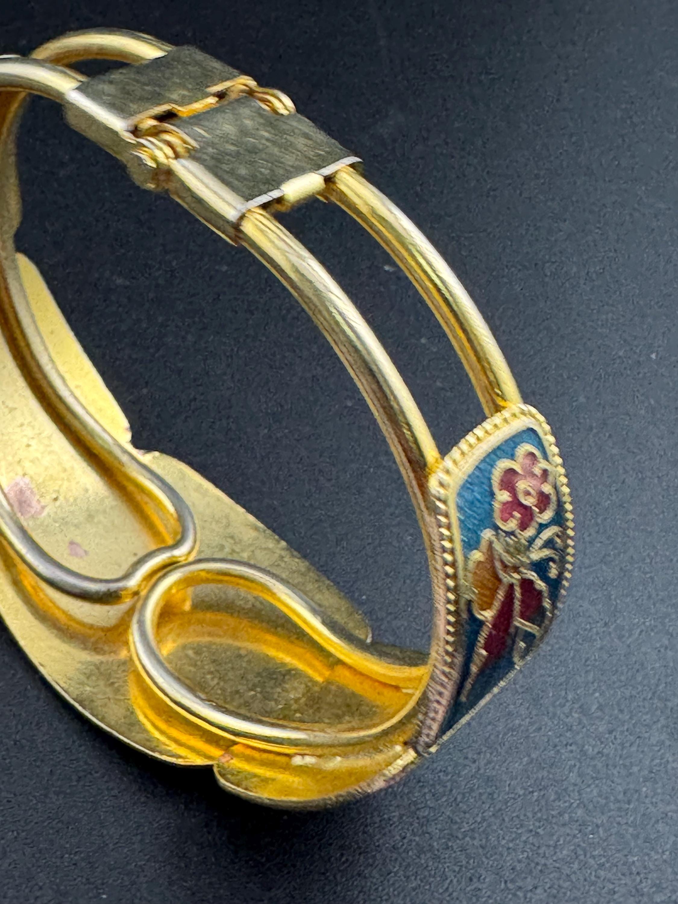 Vintage turquoise blue enamel cloisonne clamper bangle:  floral butterfly design 1980s 1990s