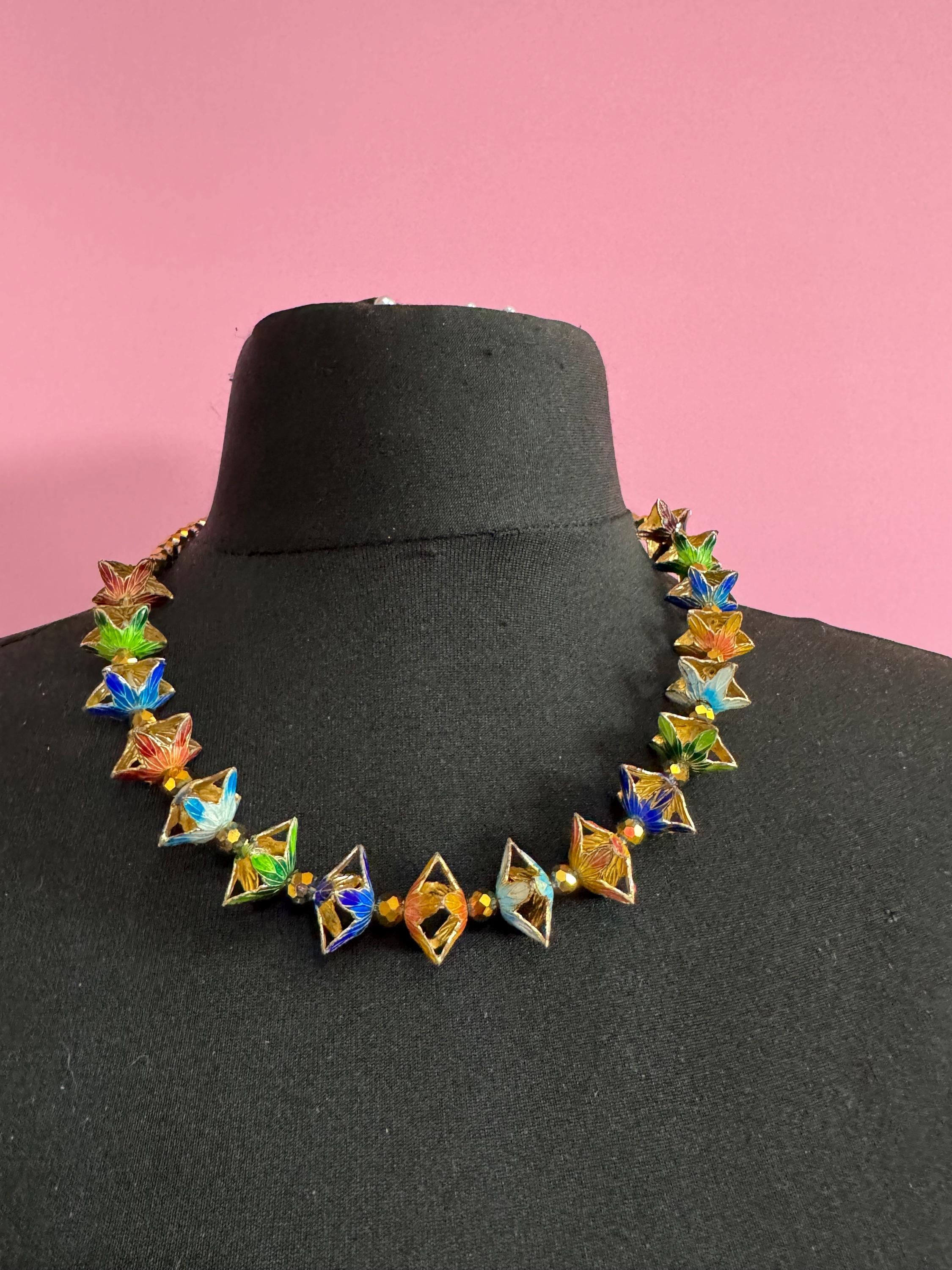Vintage coloured Chinese cloisonné enamel floral beaded necklace, gold tone