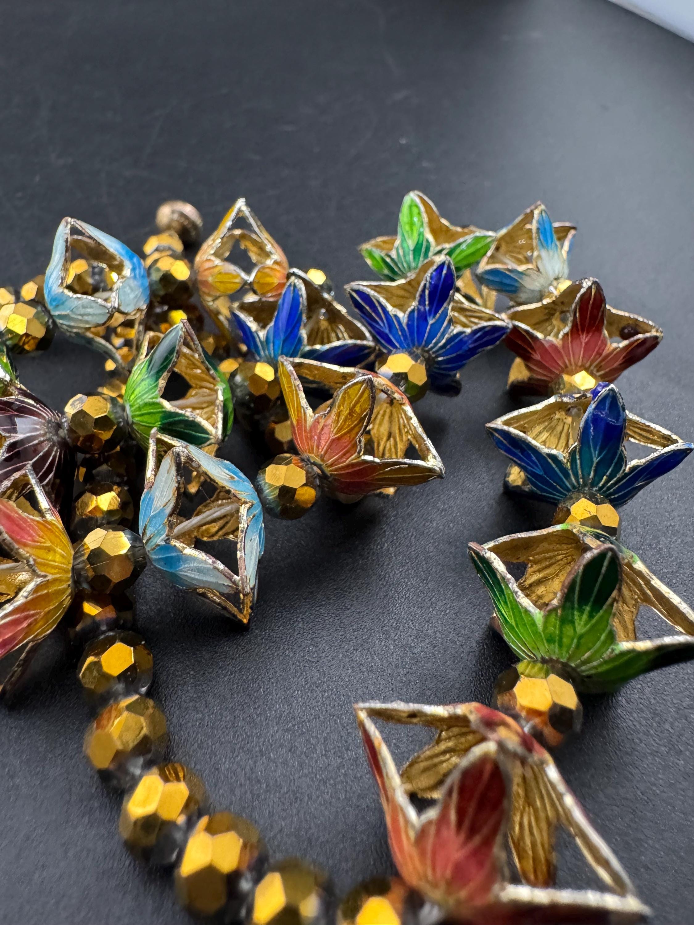Vintage coloured Chinese cloisonné enamel floral beaded necklace, gold tone