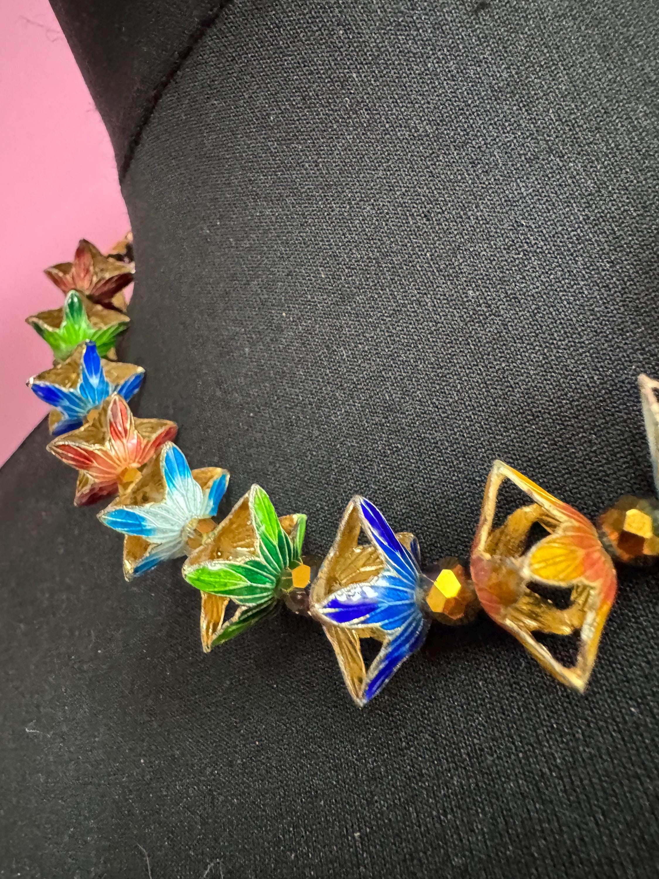 Vintage coloured Chinese cloisonné enamel floral beaded necklace, gold tone