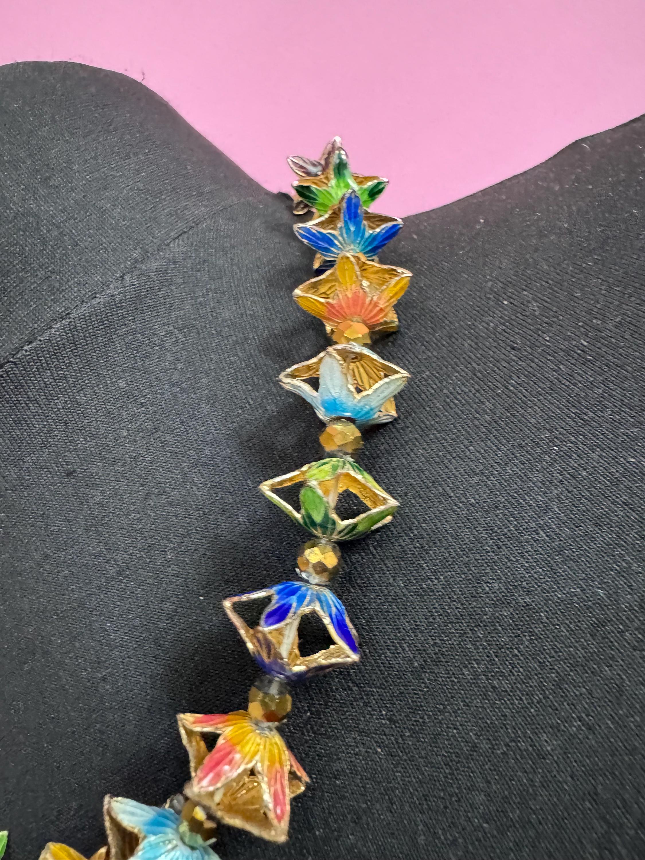 Vintage coloured Chinese cloisonné enamel floral beaded necklace, gold tone