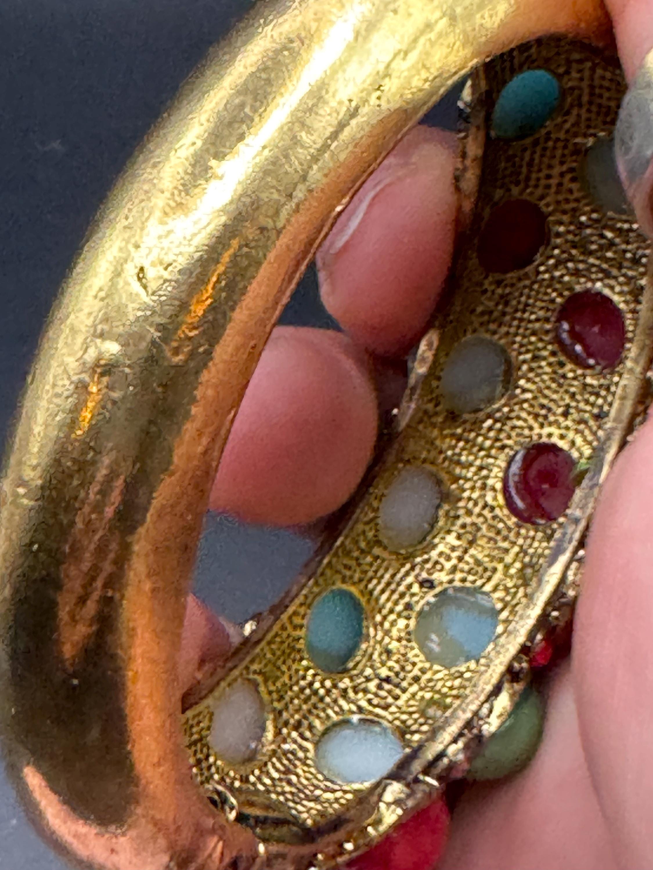 Retro pearl cabochon Clamper Bangle Bracelet. Green, Blue, Red & rhinestones