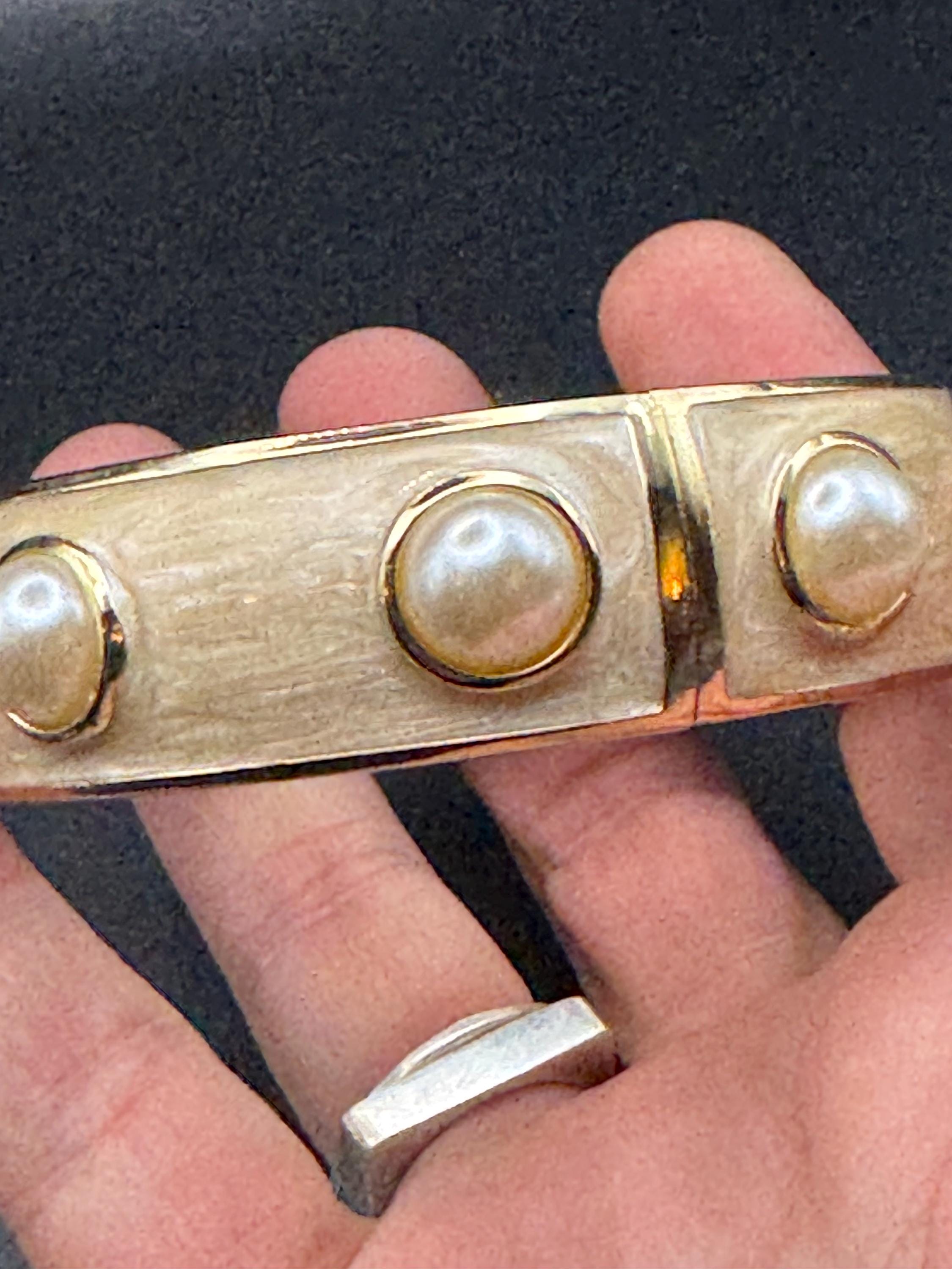 Retro pearl cabochon cream enamel Clamper Bangle Bracelet.