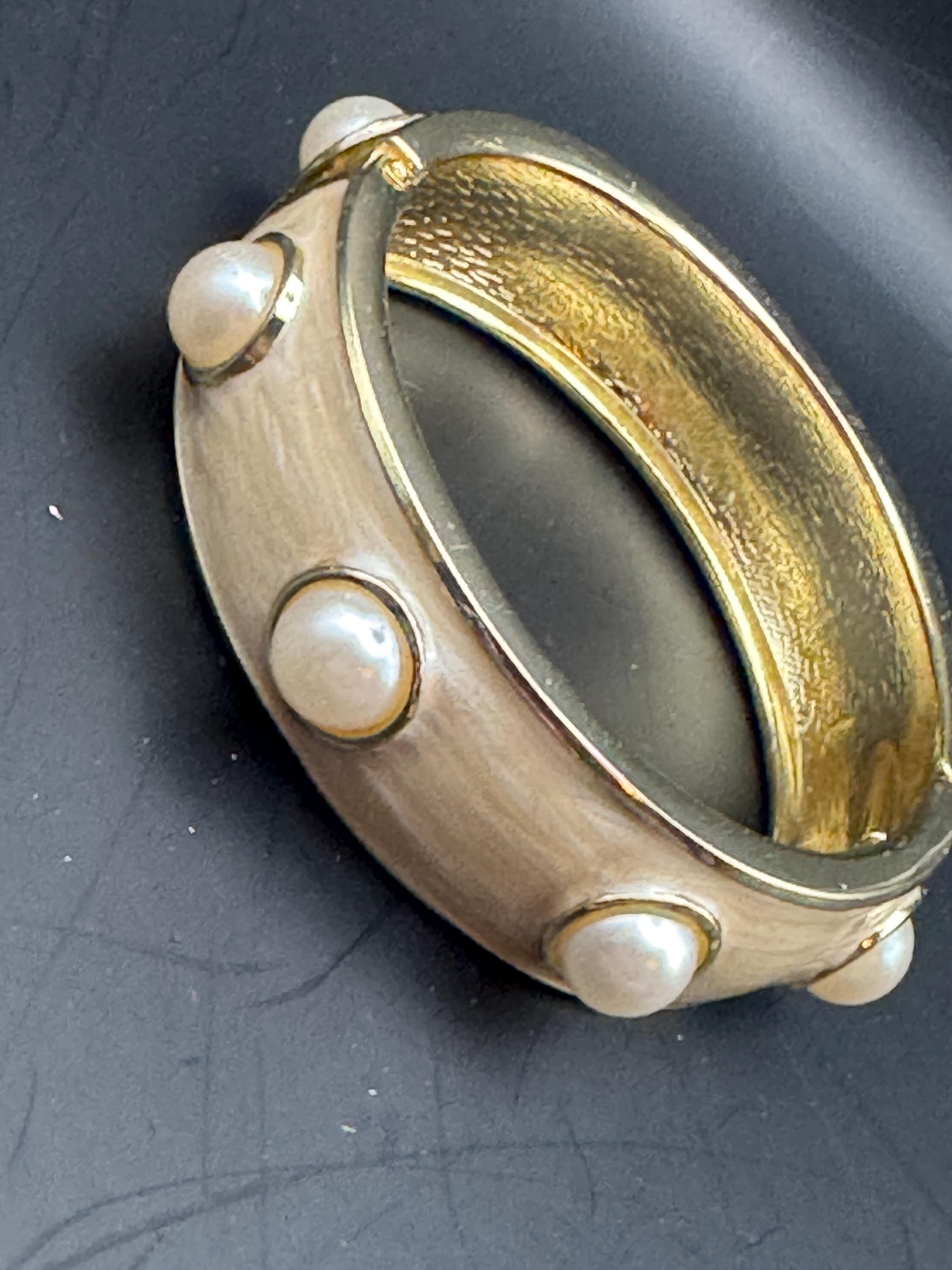 Retro pearl cabochon cream enamel Clamper Bangle Bracelet.